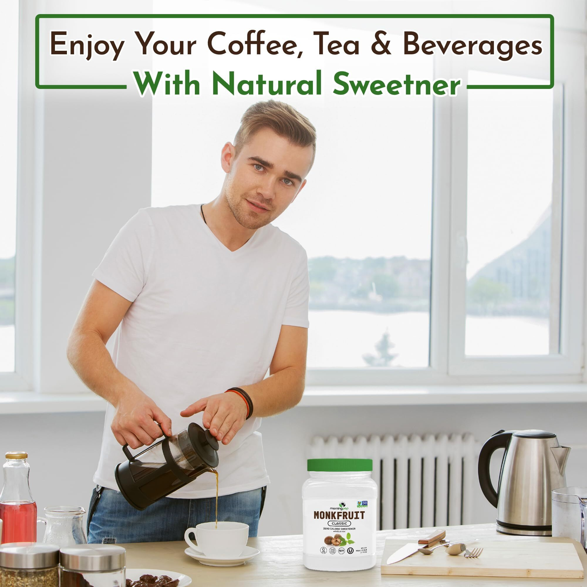 Morning Pep Monk Fruit Sweetener, Classic | White Sugar Substitute, Keto Diet Friendly, 11 Sugar Replacement, For Baking, Coffee, Tea, Zero Calorie Non Gmo Project Verified, Ou Kosher, White - 2.5 Lb