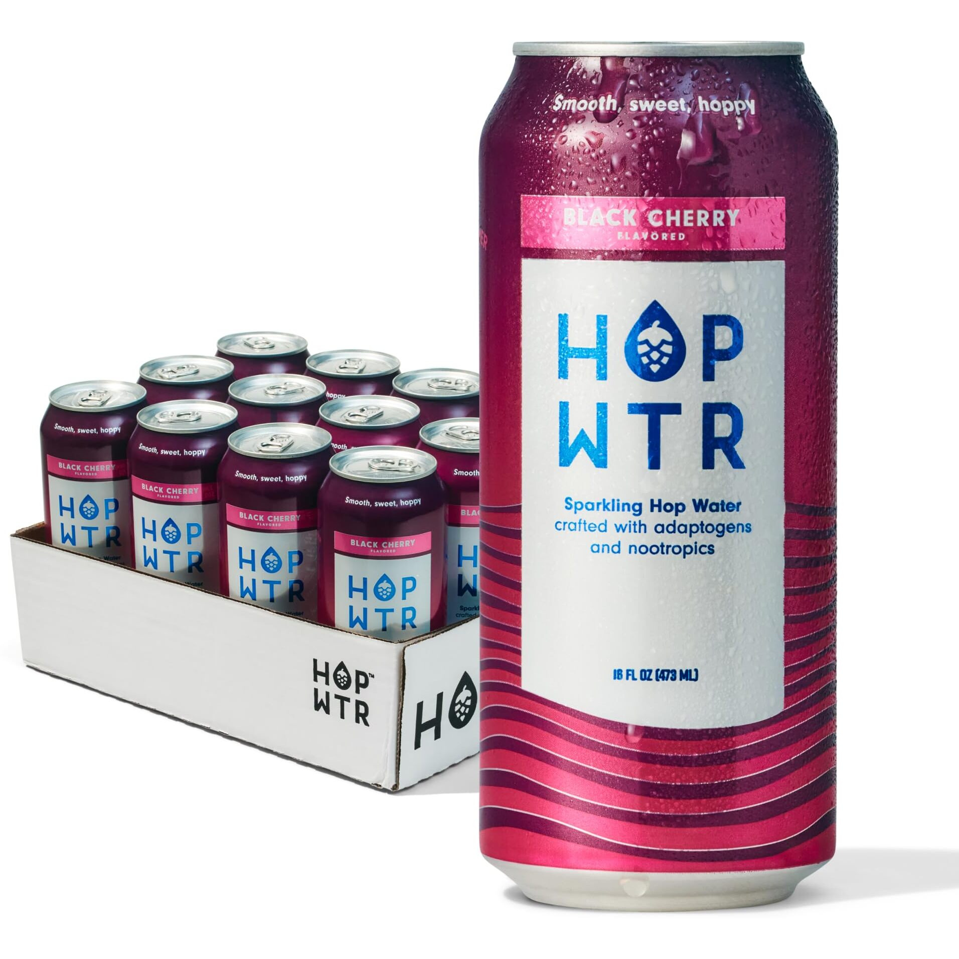 Hop Wtr Sparkling Hop Water, Black Cherry 12 Pack, Sugar Free, Low Carb Non Alcoholic Drinks, Na Beer, Adaptogen Drink, No Calories, Adaptogens & Nootropics For Added Benefits, 16 Oz Cans