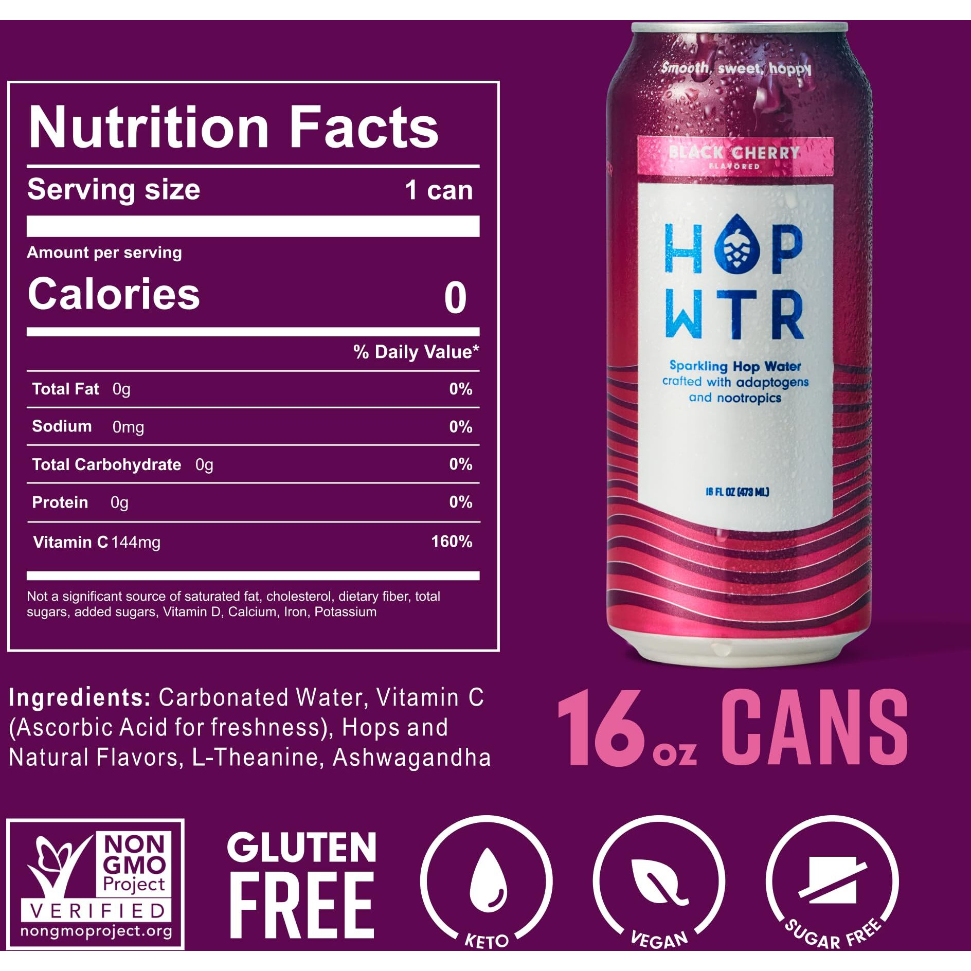 Hop Wtr Sparkling Hop Water, Black Cherry 12 Pack, Sugar Free, Low Carb Non Alcoholic Drinks, Na Beer, Adaptogen Drink, No Calories, Adaptogens & Nootropics For Added Benefits, 16 Oz Cans