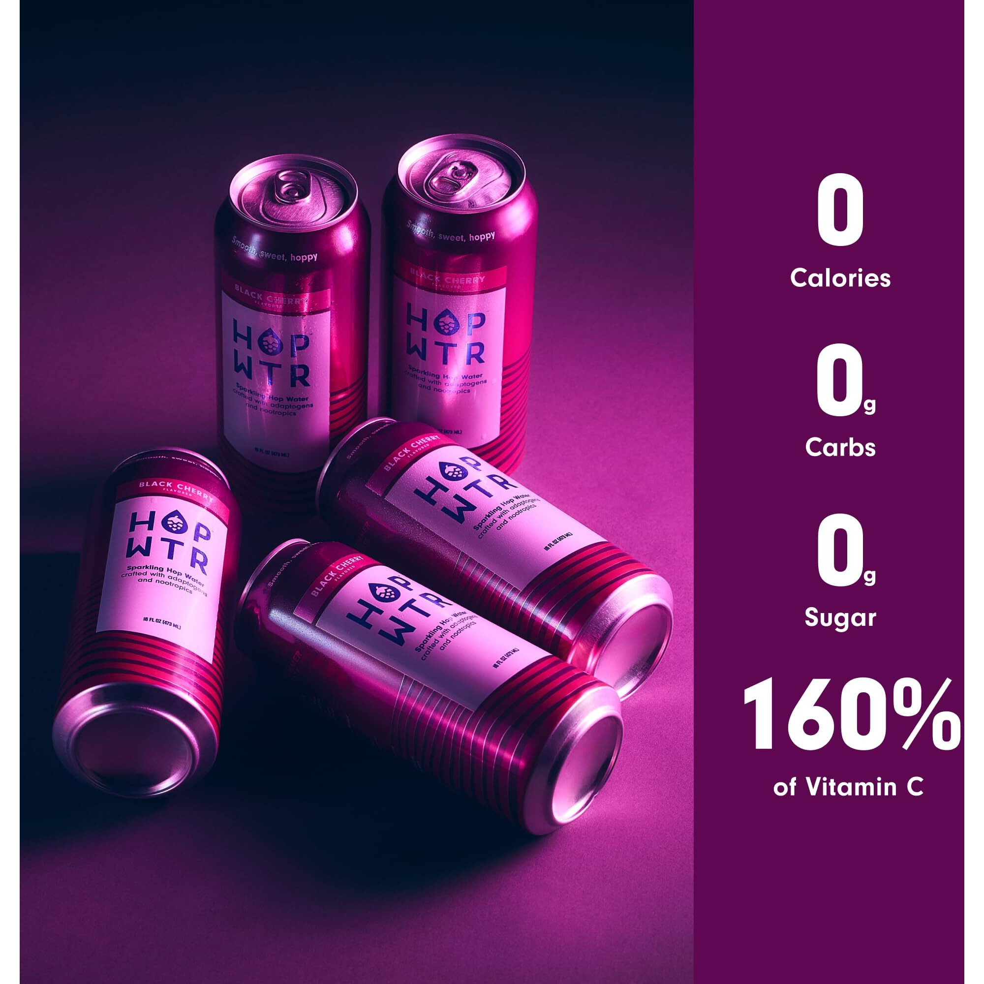 Hop Wtr Sparkling Hop Water, Black Cherry 12 Pack, Sugar Free, Low Carb Non Alcoholic Drinks, Na Beer, Adaptogen Drink, No Calories, Adaptogens & Nootropics For Added Benefits, 16 Oz Cans