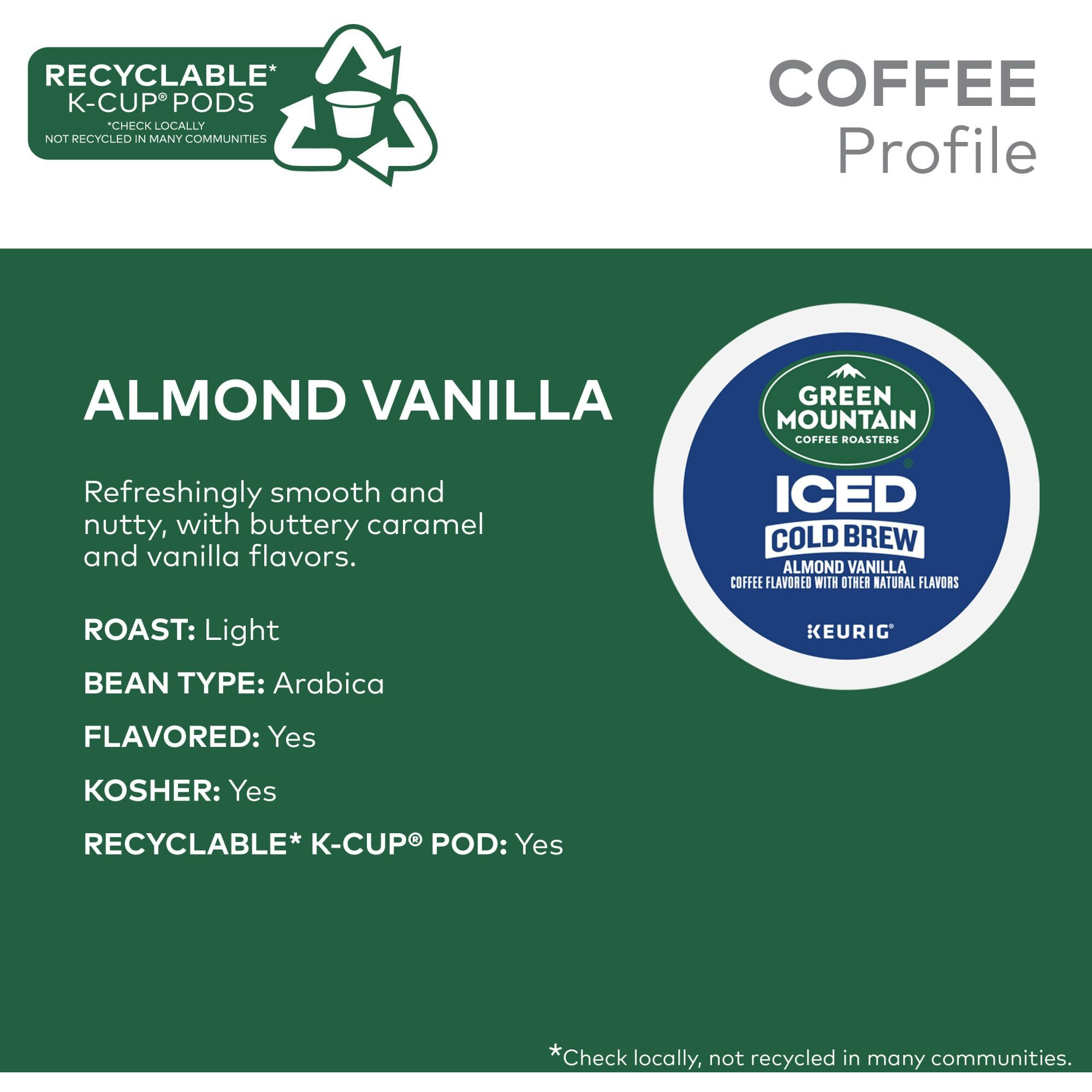 Green Mountain Coffee Roasters Almond Vanilla Iced Cold Brew Coffee, Single Serve Keurig K-Cup Pods, 20-Count Box