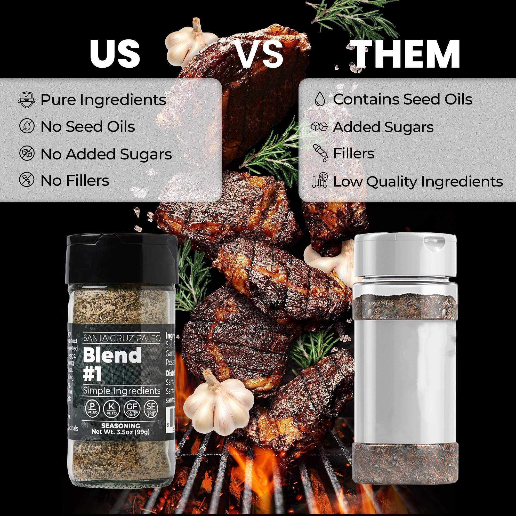 Santa Cruz Paleo Seasoning (Blend 1), Gluten Free, Keto, Sugar Free, And Paleo, Garlic, Sea Salt, Rosemary, And Black Pepper, All Purpose Spice Blend Seasonings For Cooking, Grilling, 3.5 Oz