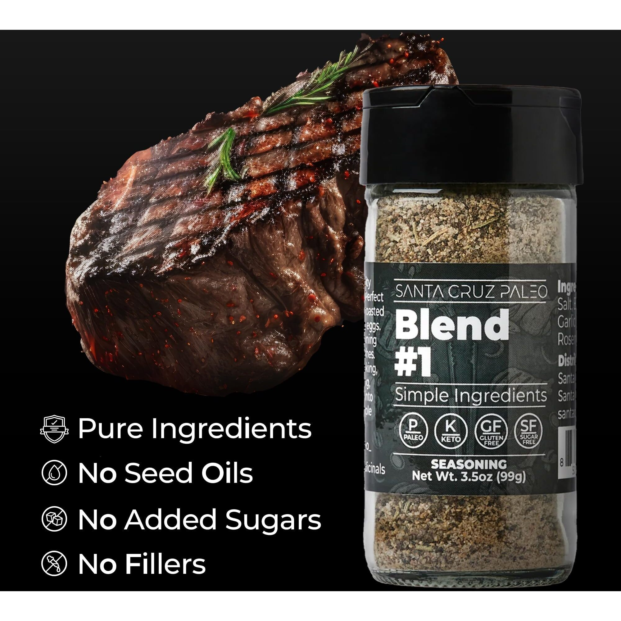 Santa Cruz Paleo Seasoning (Blend 1), Gluten Free, Keto, Sugar Free, And Paleo, Garlic, Sea Salt, Rosemary, And Black Pepper, All Purpose Spice Blend Seasonings For Cooking, Grilling, 3.5 Oz