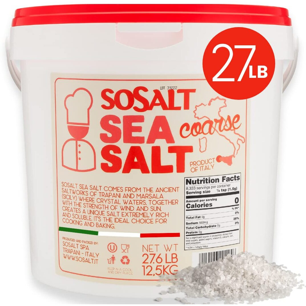 Coarse Sea Salt, Sosalt, Sicilian, 27.56 Lbs (12.5 Kg) Bulk, Foodservice Bucket, Canning, Pickling, Cooking, Grilling, Asado, Parilla, Steak, Trapani, Mediterranean, Sicily, Italy