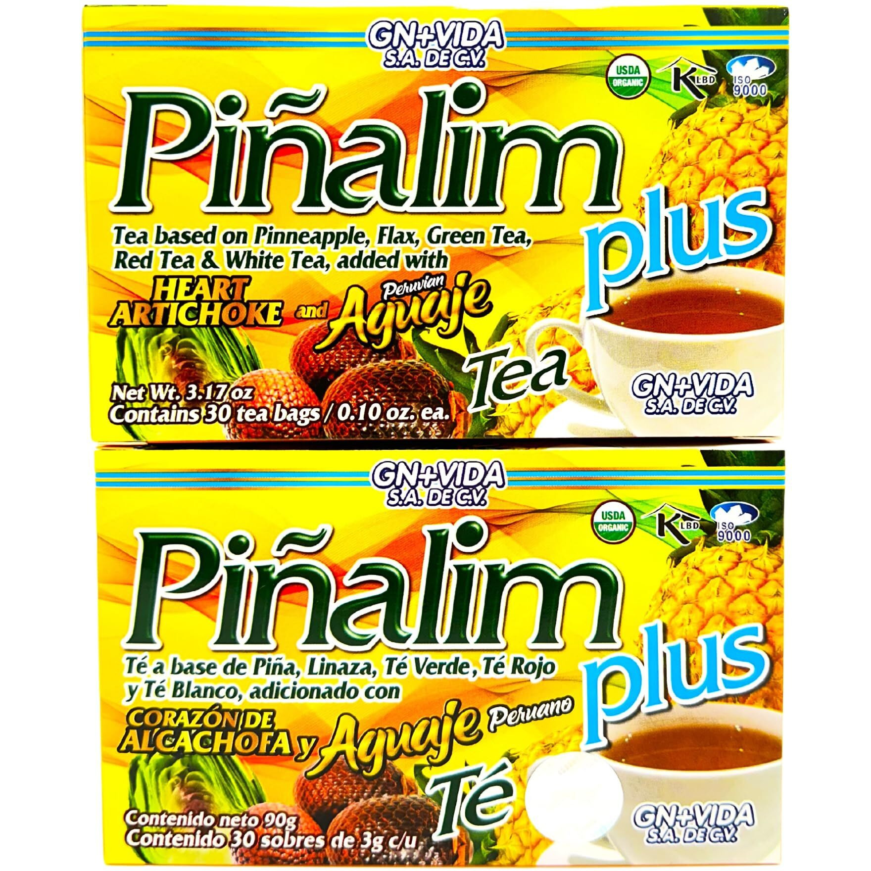 Pinalim Plus Tea Enhanced With Aguaje Peruano And Artichoke Heart La Formula Original De Pinalim Mas Aguaje Y Corazon De Alcachofa Mas Fuerte Healthy Antioxidant Formula, Caffeine Free All Natural Cleanse Digestive Tea Pack Of 2 | 60 Ct.