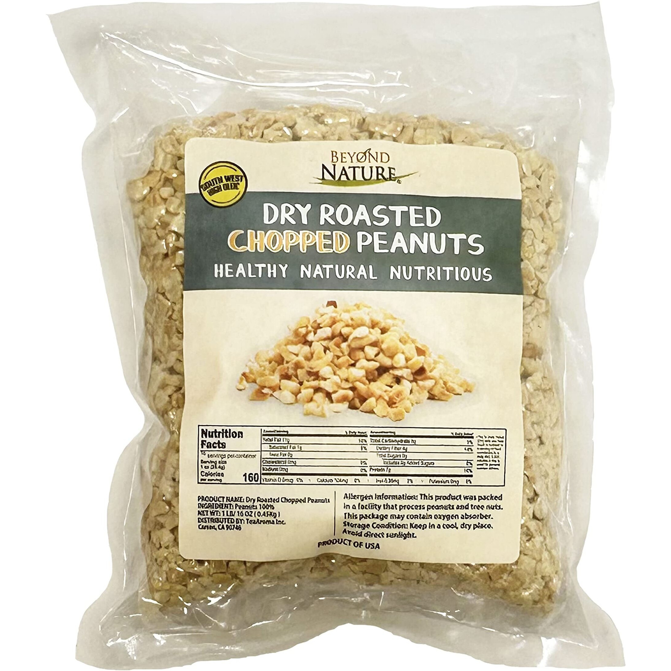 Beyond Nature Dry Roasted Chopped Peanuts - Unsalted 1 Pound (16 Oz) Vacuum Sealed, Non Gmo, No Oil & No Salt, Low Carb, Keto Friendly & Vegan Snack
