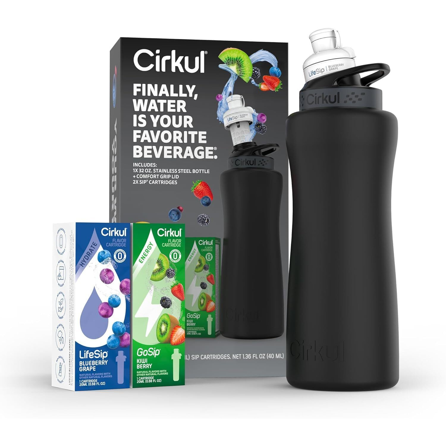 Cirkul 32Oz. Matte Black Stainless Steel Water Bottle Starter Kit With Black Lid And 2 Flavor Cartridges (1 Lifesip Blueberry Grape, 1 Gosip Kiwi Berry) Zero Calories And No Sugar