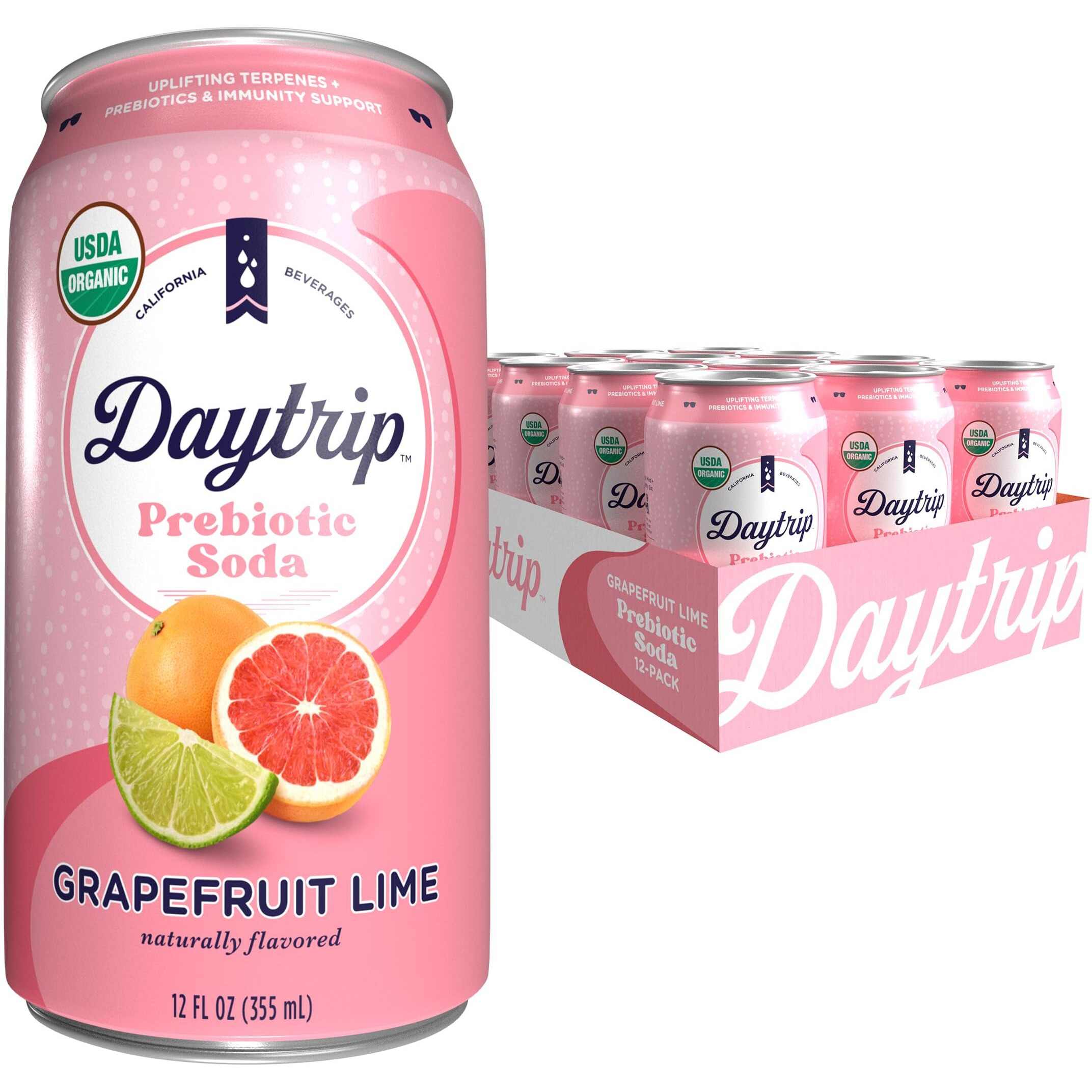 Daytrip Prebiotic Soda Drink | Certified Usda Organic | Mood Boosting Prebiotic Drink (12 Pack Of 12Oz Cans) | Grapefruit Lime