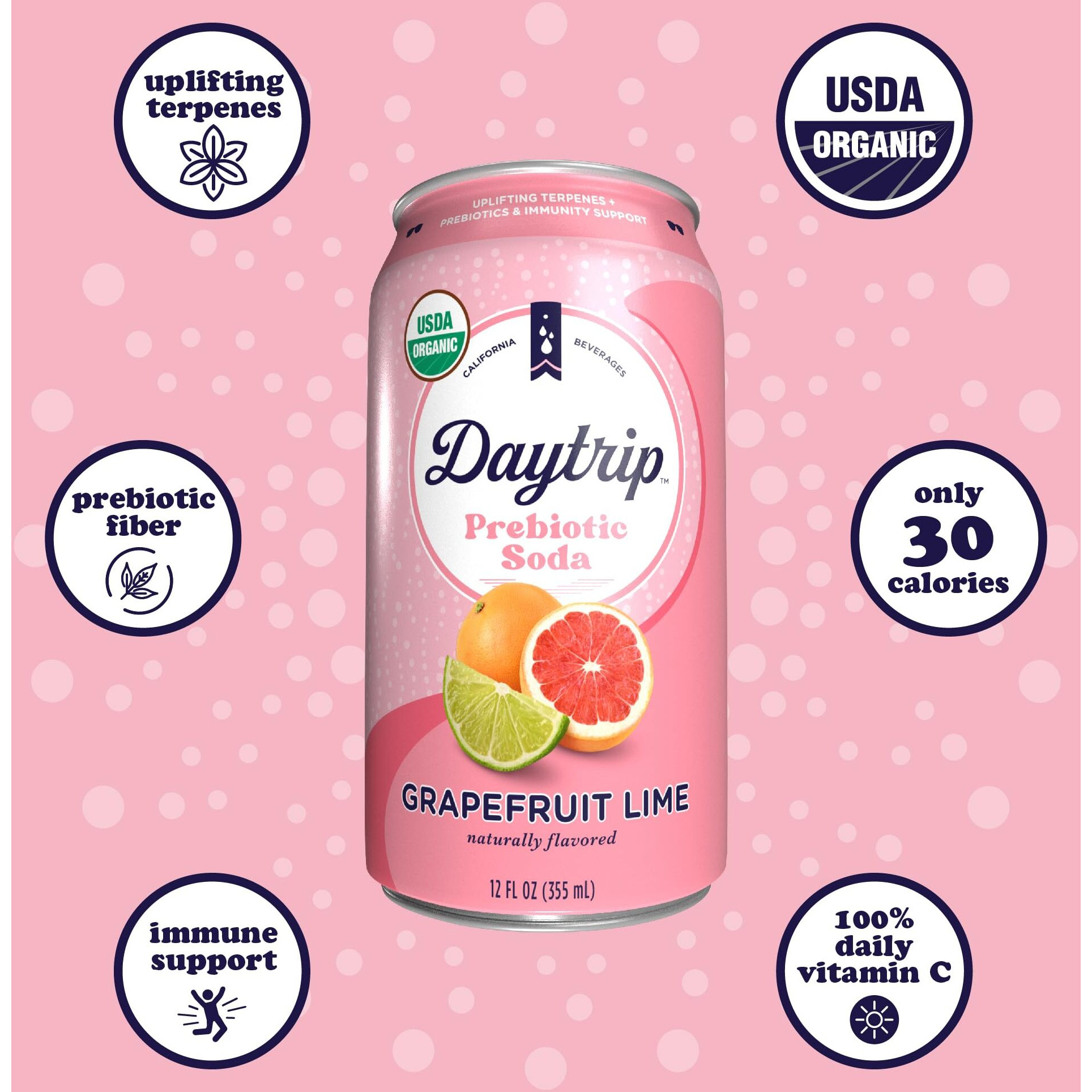 Daytrip Prebiotic Soda Drink | Certified Usda Organic | Mood Boosting Prebiotic Drink (12 Pack Of 12Oz Cans) | Grapefruit Lime
