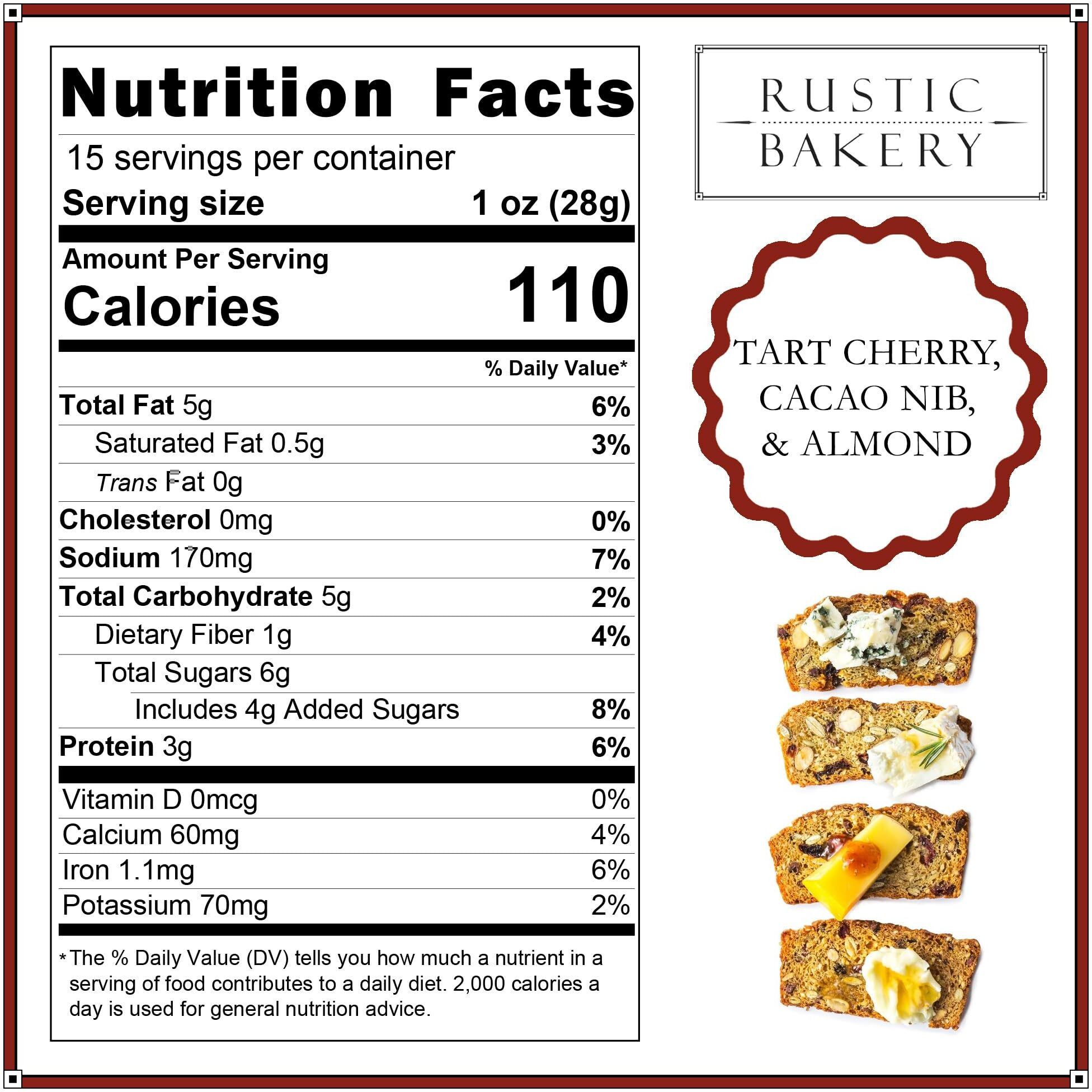 Rustic Bakery Artisan Crisps - Tart Cherry, Cacao Nib, & Almond - Artisan Crackers For Cheese Platter Or Snacking - Slightly Sweet Cracker For Cheese Pairing - Made In California - Pack Of 3 - 5 Oz Trays