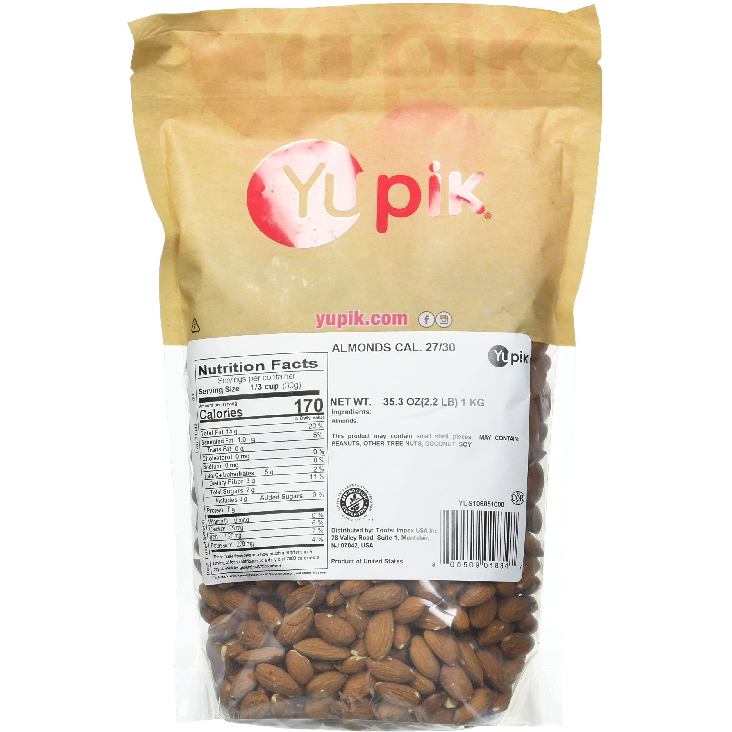 Yupik California Raw Almonds, Small Size, 2.2 Lb, Gluten-Free, Kosher, Salt-Free, Source Of Protein, Fiber, Iron & Calcium, Healthy Snack, Pack Of 1