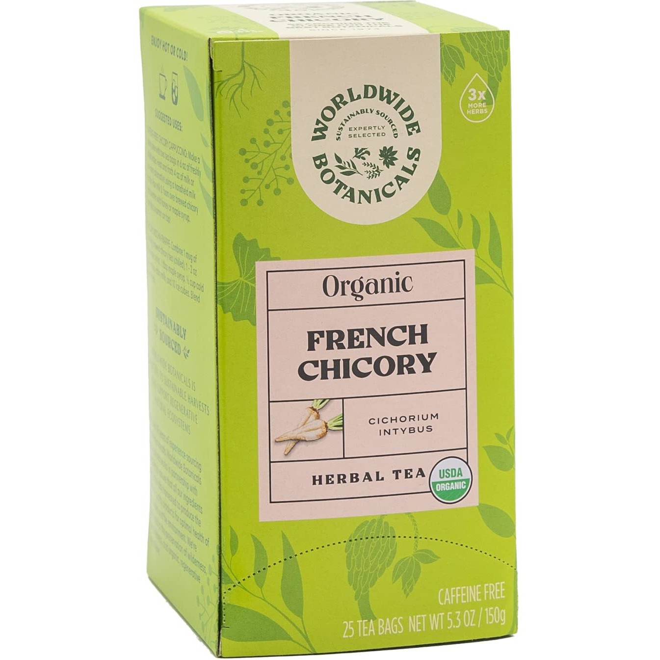 Worldwide Botanicals Organic French Chicory Root Tea - 3X Herbs With 6G Per Tea Bag - Prebiotic Roasted Herbal Tea - Acid Free, Caffeine Free, Kosher, 25 Tea Bags