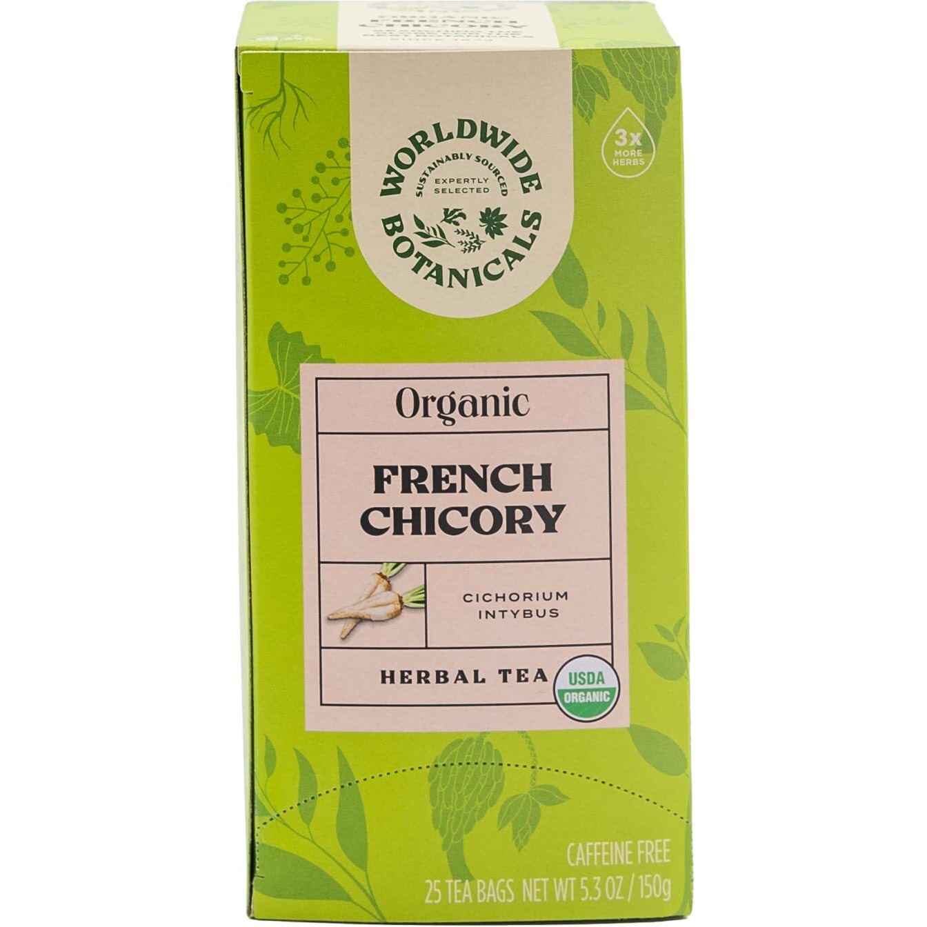 Worldwide Botanicals Organic French Chicory Root Tea - 3X Herbs With 6G Per Tea Bag - Prebiotic Roasted Herbal Tea - Acid Free, Caffeine Free, Kosher, 25 Tea Bags