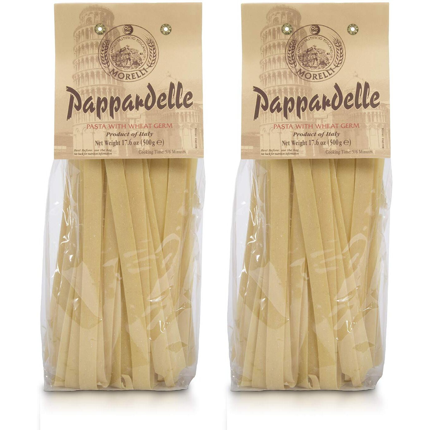 Morelli Pappardelle Pasta Noodles - Organic Pasta With Wheat Germ - Imported Pasta From Italy, Pappardelle Noodles Pasta, Wide Noodles, 17.6Oz (500G) - Pack Of 2