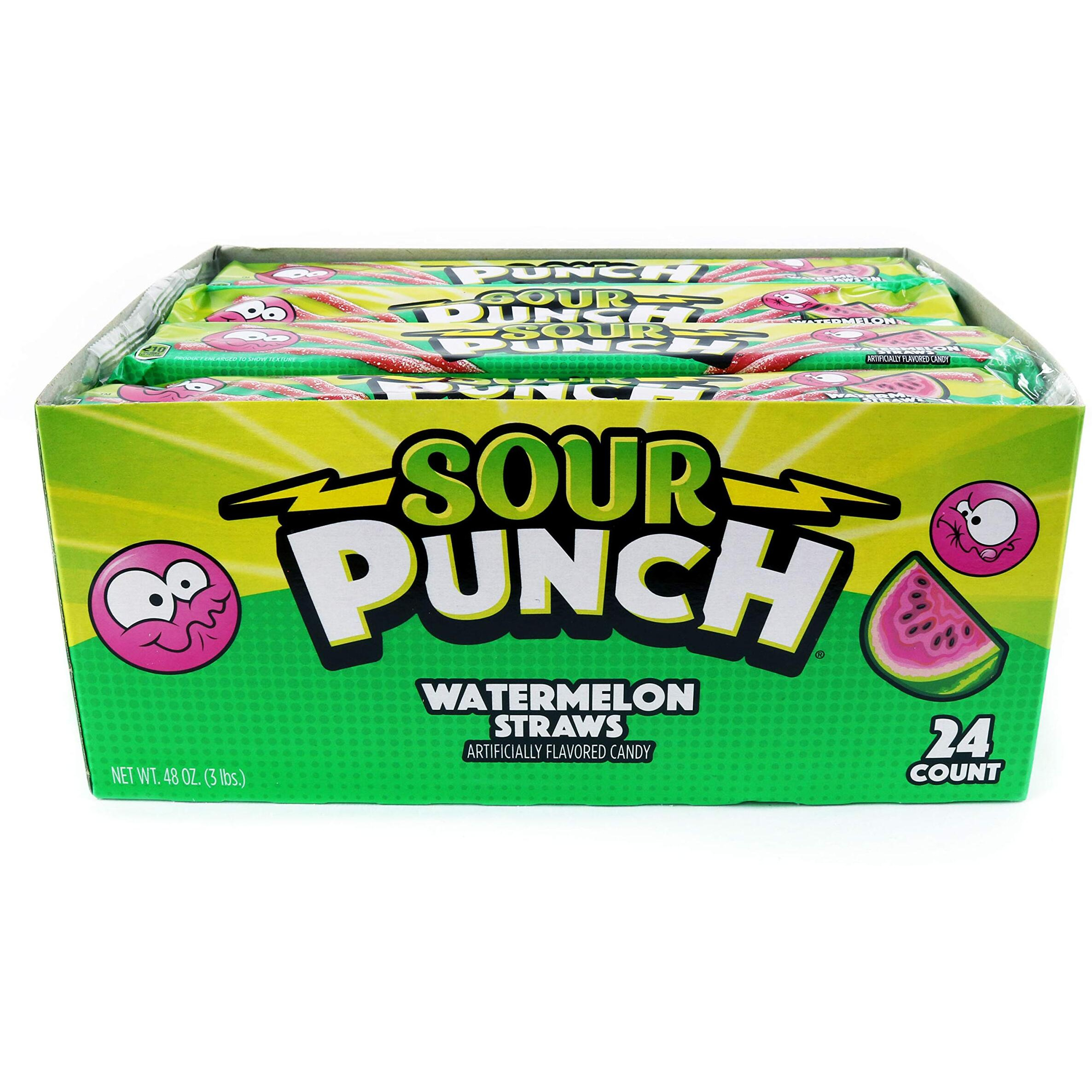 Sour Punch Straws, Watermelon Fruit Flavor, 2Oz Tray (24 Pack), Soft & Chewy Candy