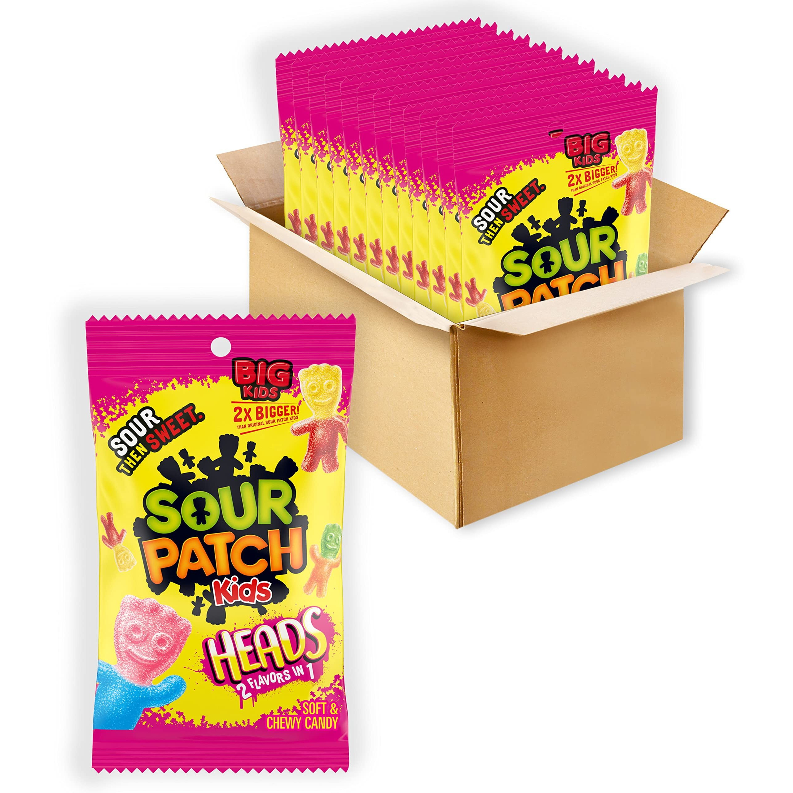 Sour Patch Kids Heads 2 Flavors In 1 Soft & Chewy Candy, Bulk Candy, 12 - 8 Oz Bags