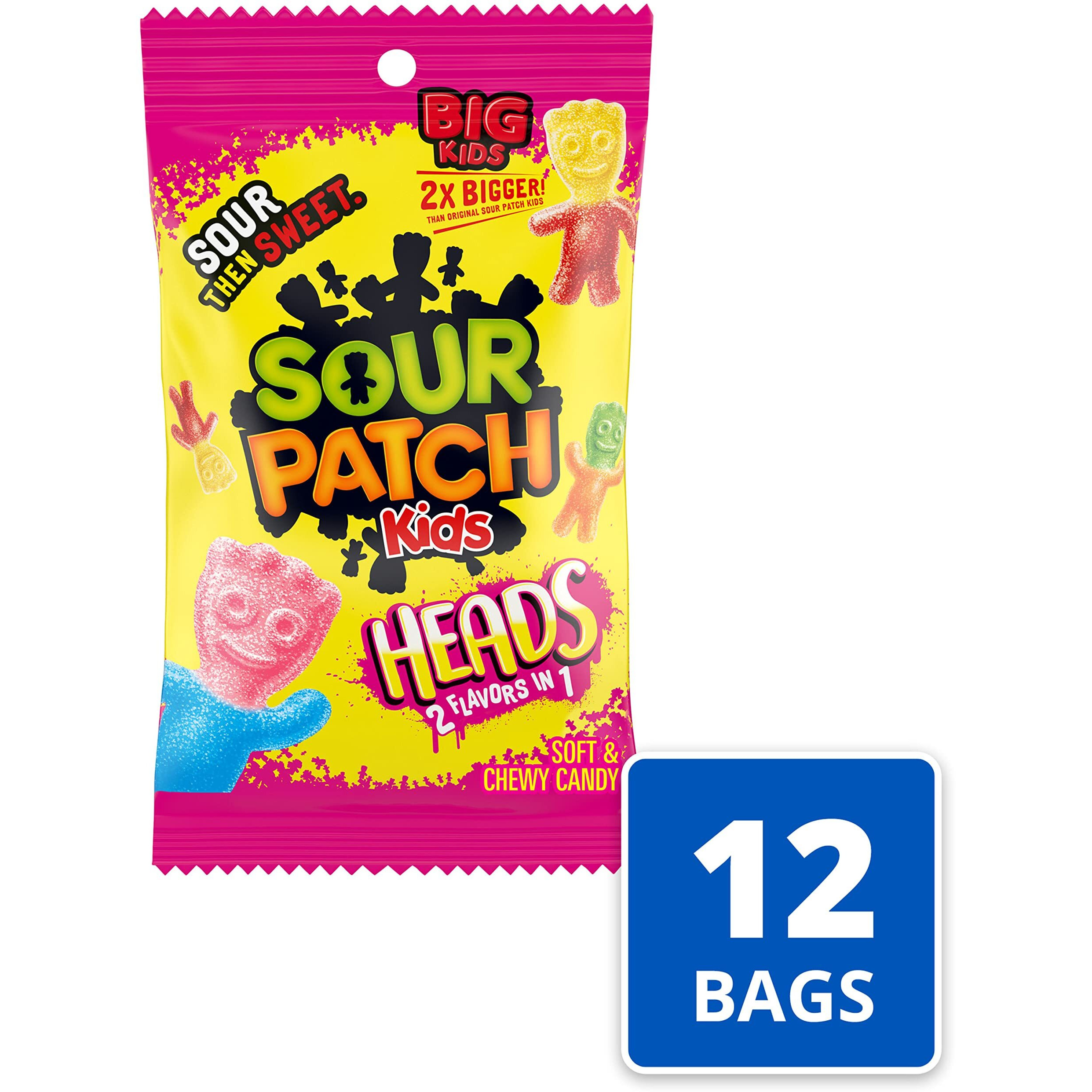 Sour Patch Kids Heads 2 Flavors In 1 Soft & Chewy Candy, Bulk Candy, 12 - 8 Oz Bags