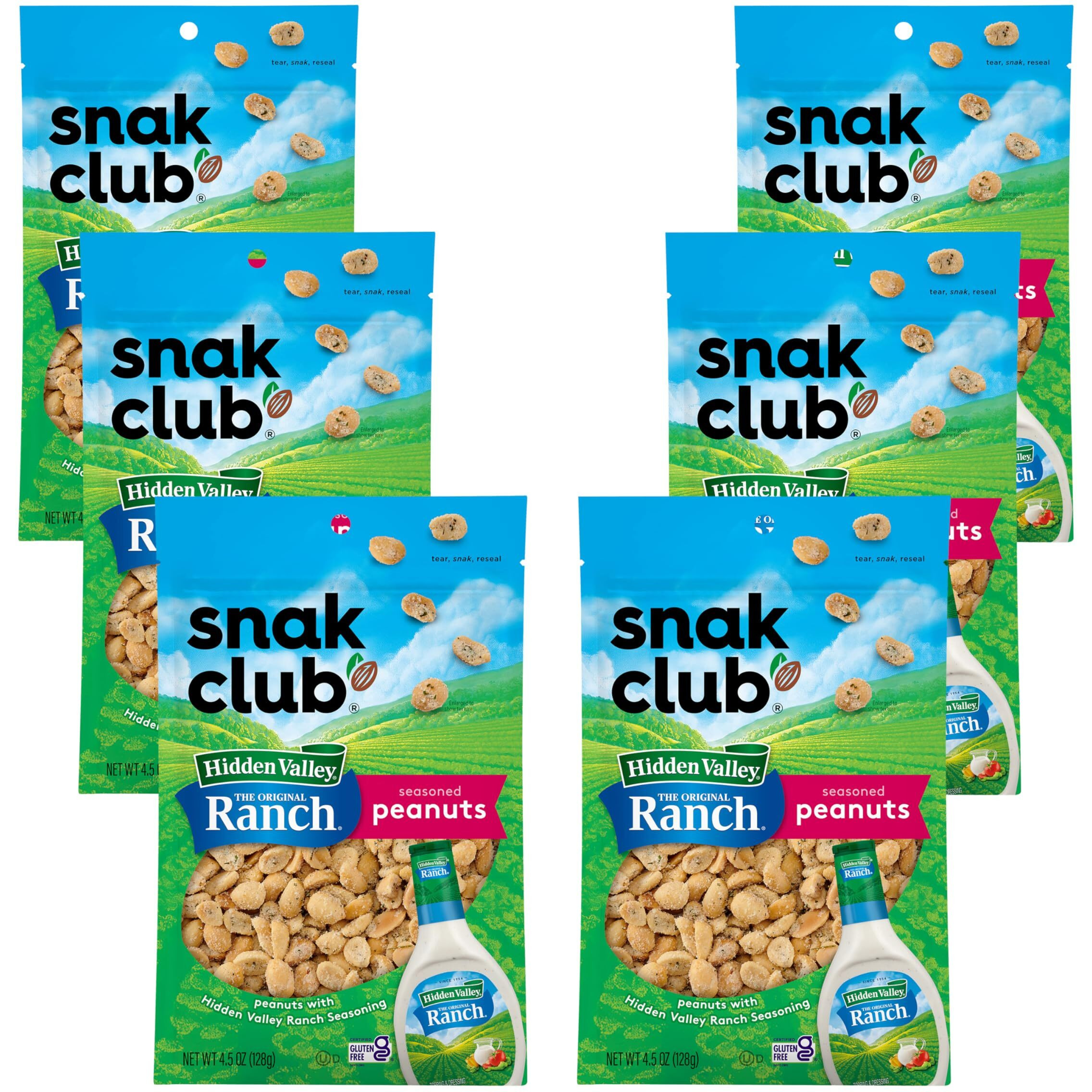 Snak Club Peanuts With Hidden Valley Ranch Seasoning, Roasted Nuts, Gluten-Free And Kosher Snack, 4.5 Oz Resealable Bags, 6 Pack
