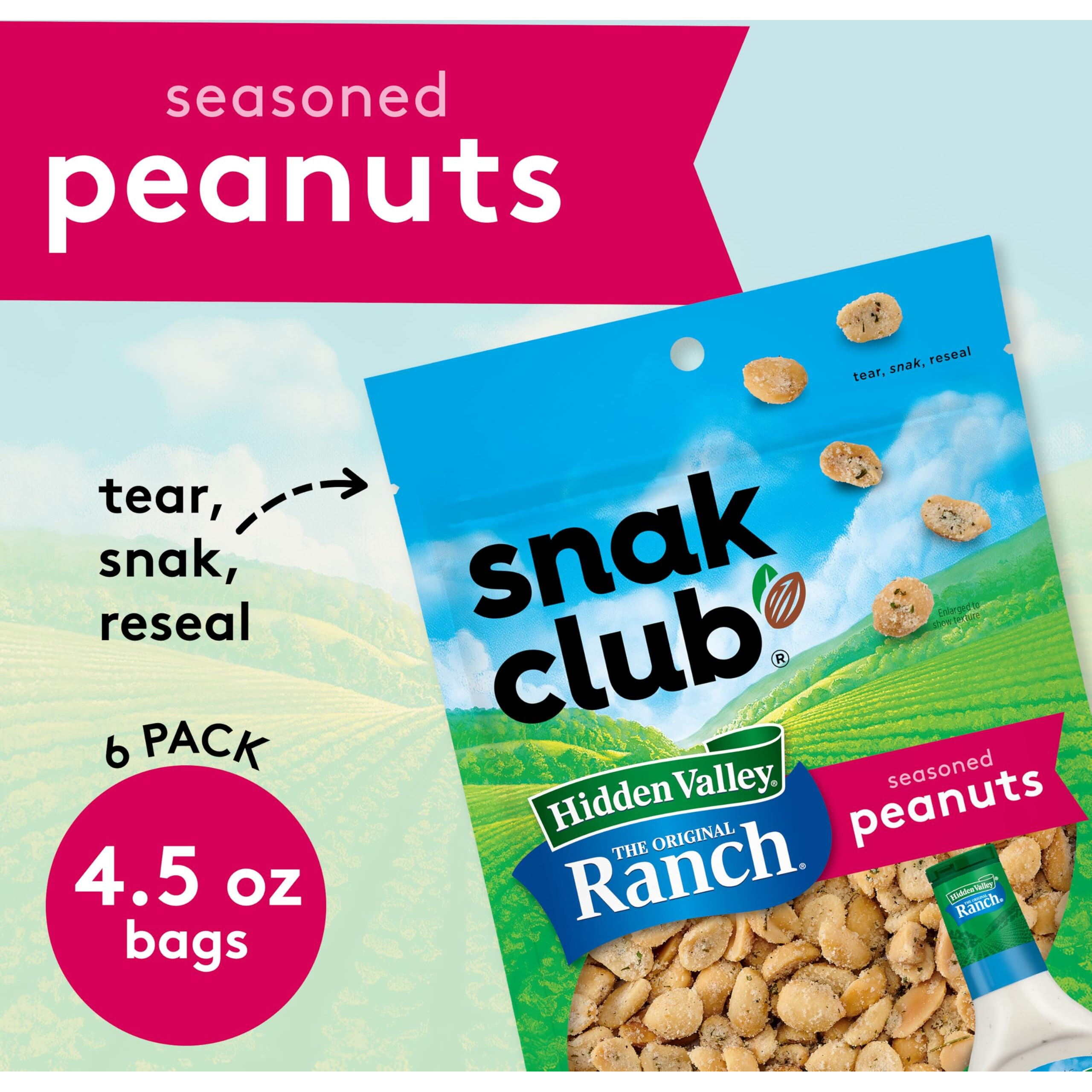 Snak Club Peanuts With Hidden Valley Ranch Seasoning, Roasted Nuts, Gluten-Free And Kosher Snack, 4.5 Oz Resealable Bags, 6 Pack