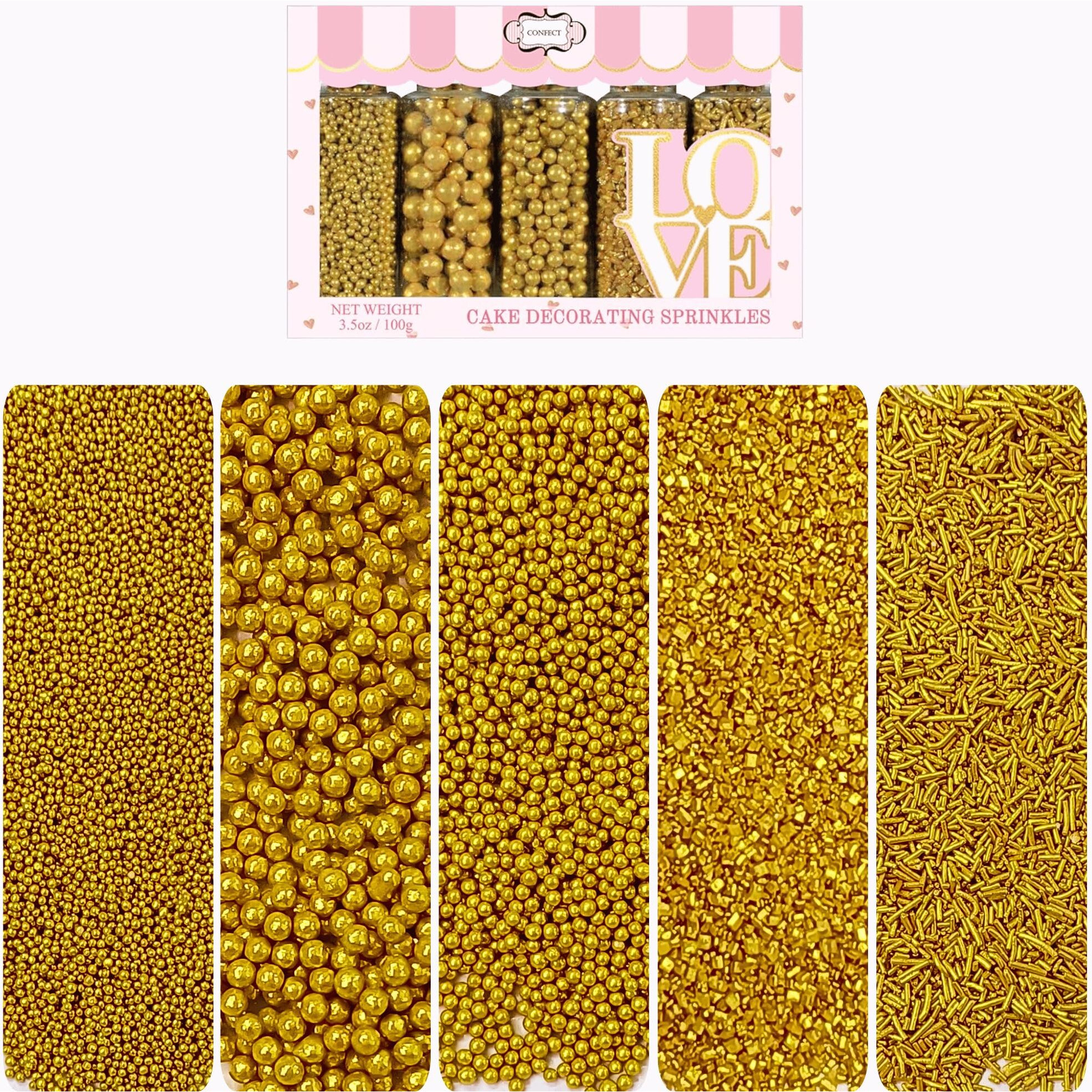 Confect Gold Sprinkles | Sprinkles For Cakes & Cupcakes Decoration | Birthday Sprinkles | Assorted Pack Of 5 Golden Glam Gold Sprinkles Mix Dragees, Jimmies & Sparkling Sugar - 3.5 Oz