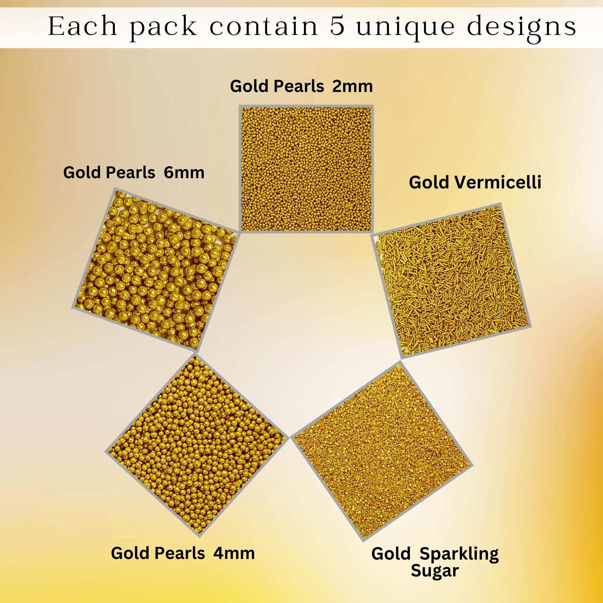 Confect Gold Sprinkles | Sprinkles For Cakes & Cupcakes Decoration | Birthday Sprinkles | Assorted Pack Of 5 Golden Glam Gold Sprinkles Mix Dragees, Jimmies & Sparkling Sugar - 3.5 Oz