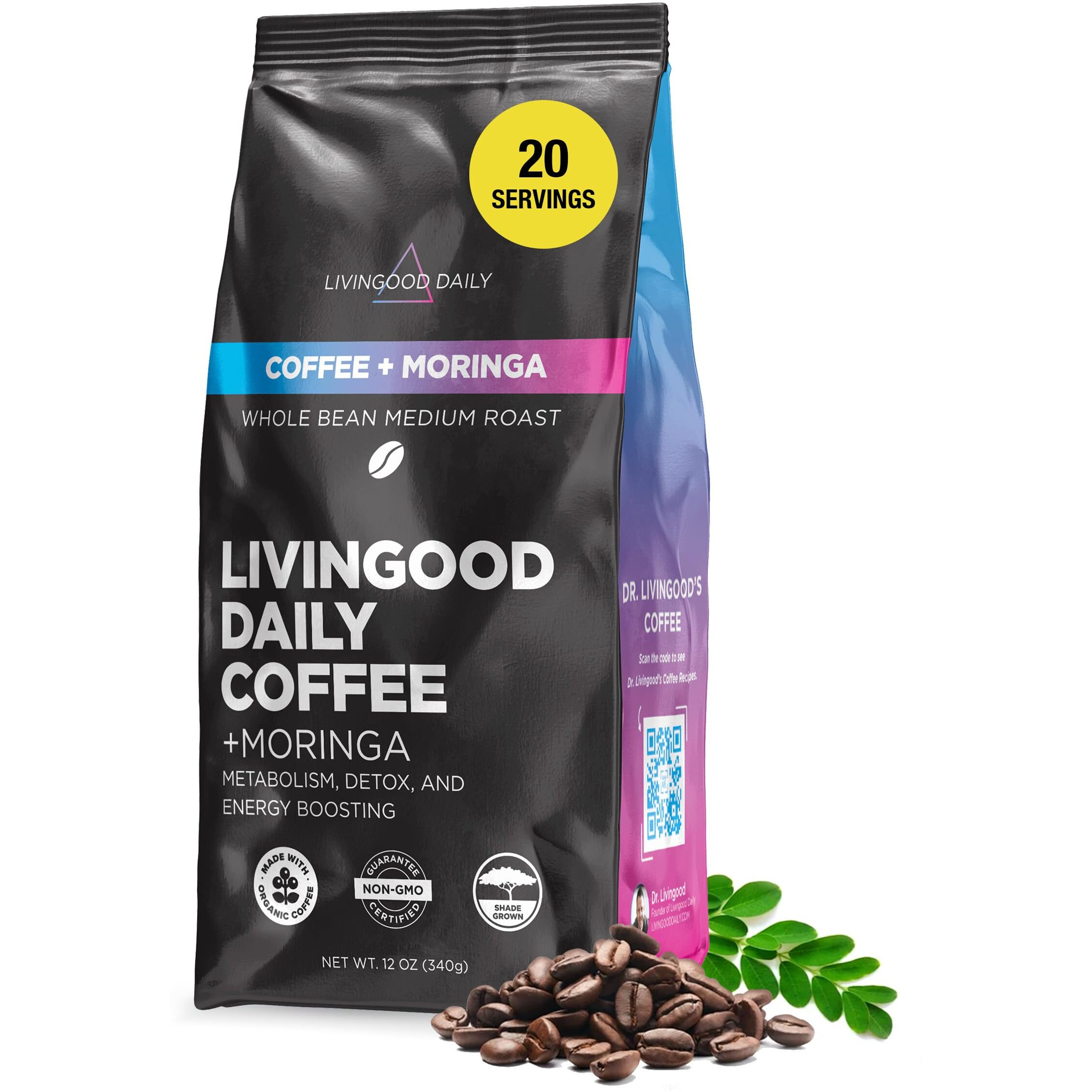 Livingood Daily Medium Roast Blend Coffee With Moringa, Whole Bean Coffee - Low Acid, Shade Grown & Made With Organic Coffee - Detox & Energy Boosting - 12 Oz