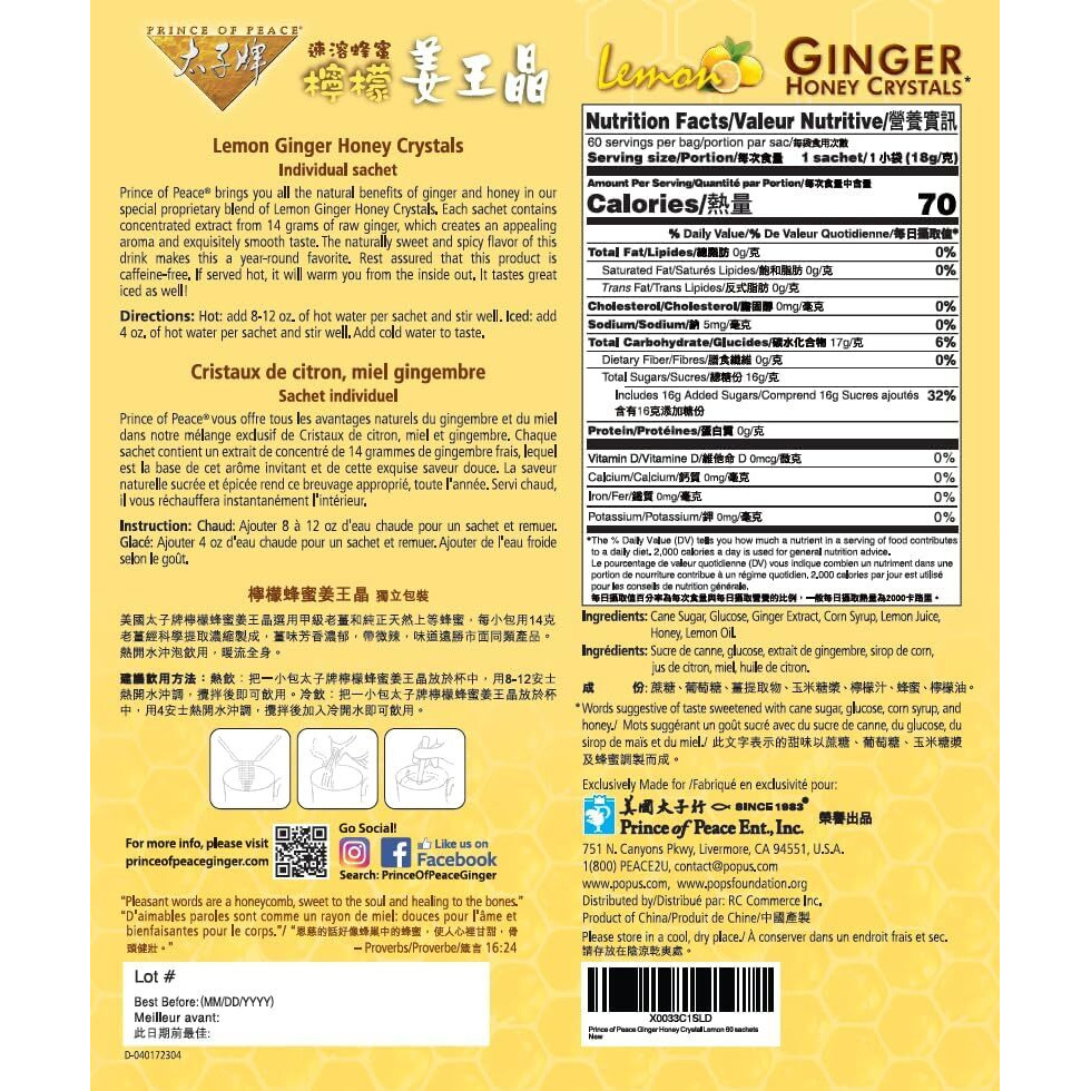 Prince Of Peace Instant Ginger Honey Crystals, 60 Sachets Twin Packs - Instant Hot Or Cold Beverage That Soothes Throat - Easy To Brew - Drink Like A Tea - Gluten Free - Real Ginger