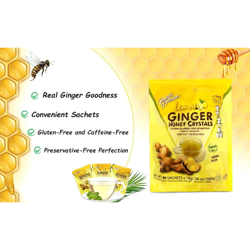 Prince Of Peace Instant Ginger Honey Crystals, 60 Sachets Twin Packs - Instant Hot Or Cold Beverage That Soothes Throat - Easy To Brew - Drink Like A Tea - Gluten Free - Real Ginger