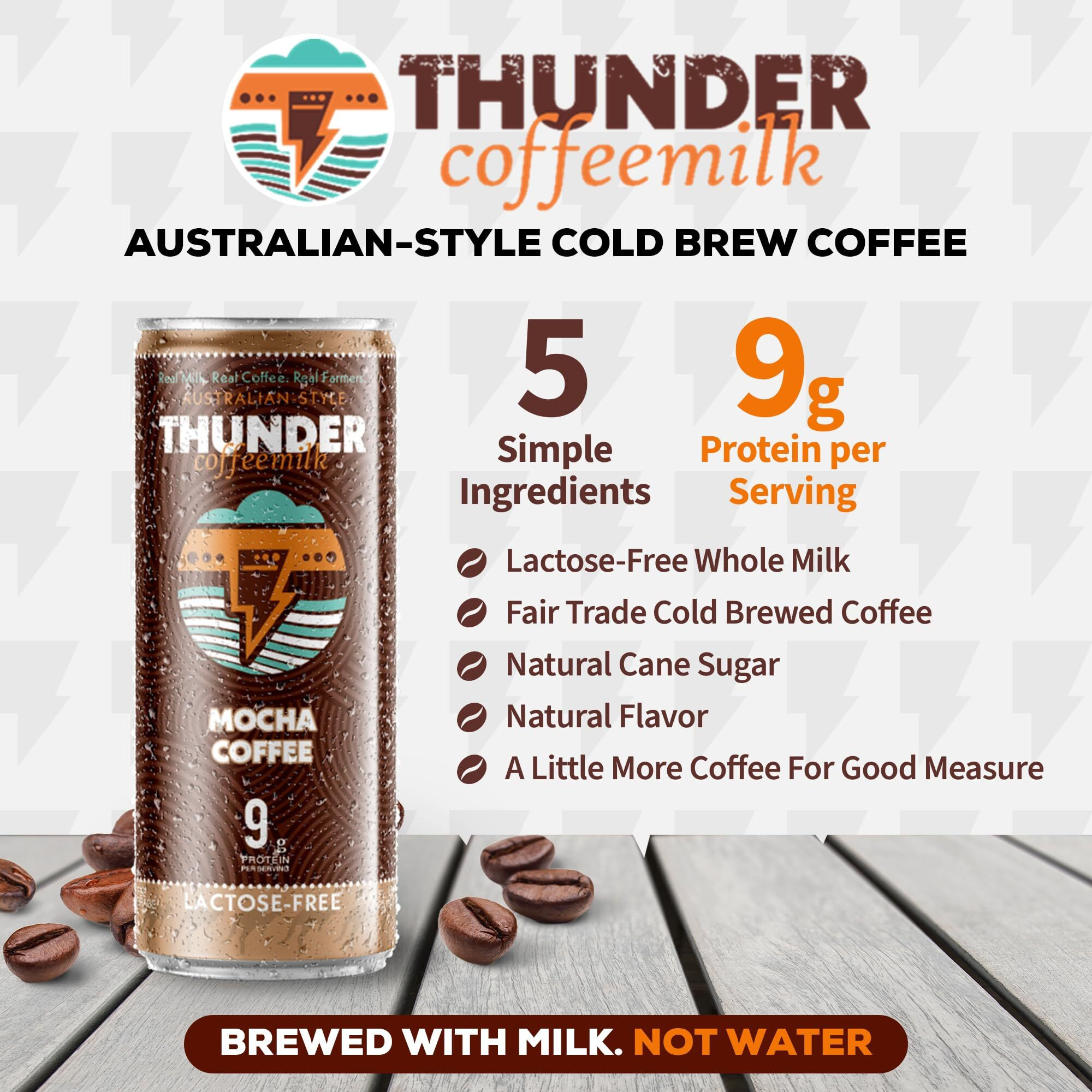 Thunder Coffeemilk - 11 Oz Aussie Style Cold-Brewed Canned Coffee (Latte), Convenient Coffee Can For Grab & Go, Natural Protein-Rich Cold Brewed Coffee In Handy Cold Brew Cans, Mocha, 12 Pack