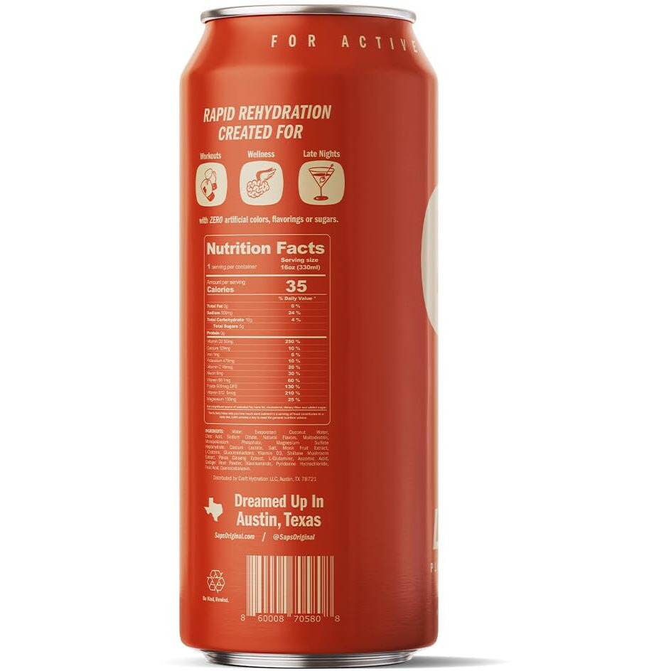 Saps Rapid Rehydration Sports Drink - 12 Cans, Passionfruit With Electrolytes And Adaptogens For Workouts, Wellness - Zero Artificial Colors, Flavors, Or Sugars
