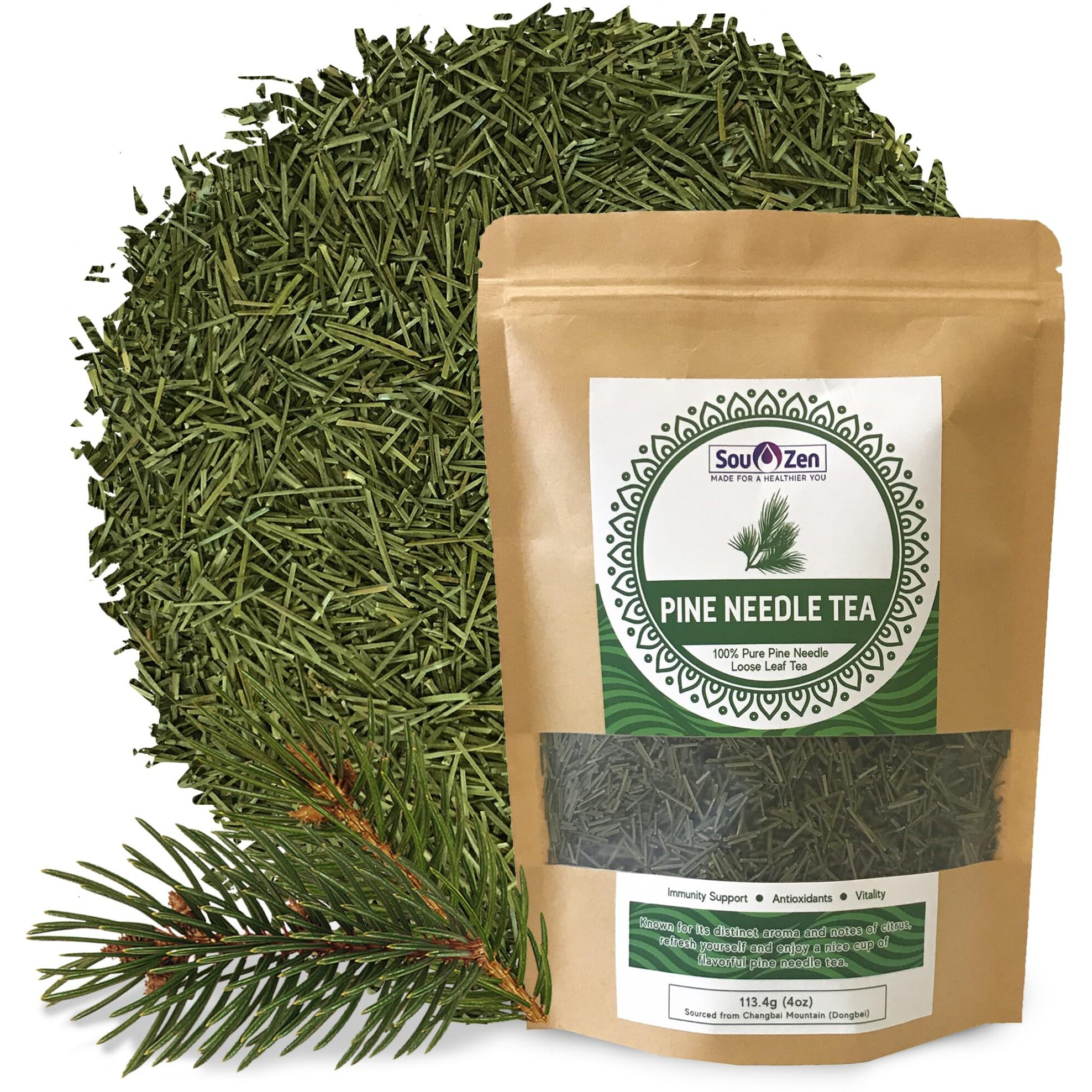 Sou Zen Pine Needle Tea Loose Leaf 4Oz (113G) | Premium Quality Wild Pine Tea Leaves | Raw, Non-Gmo And Caffeine-Free | Herbal Tea With No Preservatives | Chinese Medicinal Herb From Korean Pine