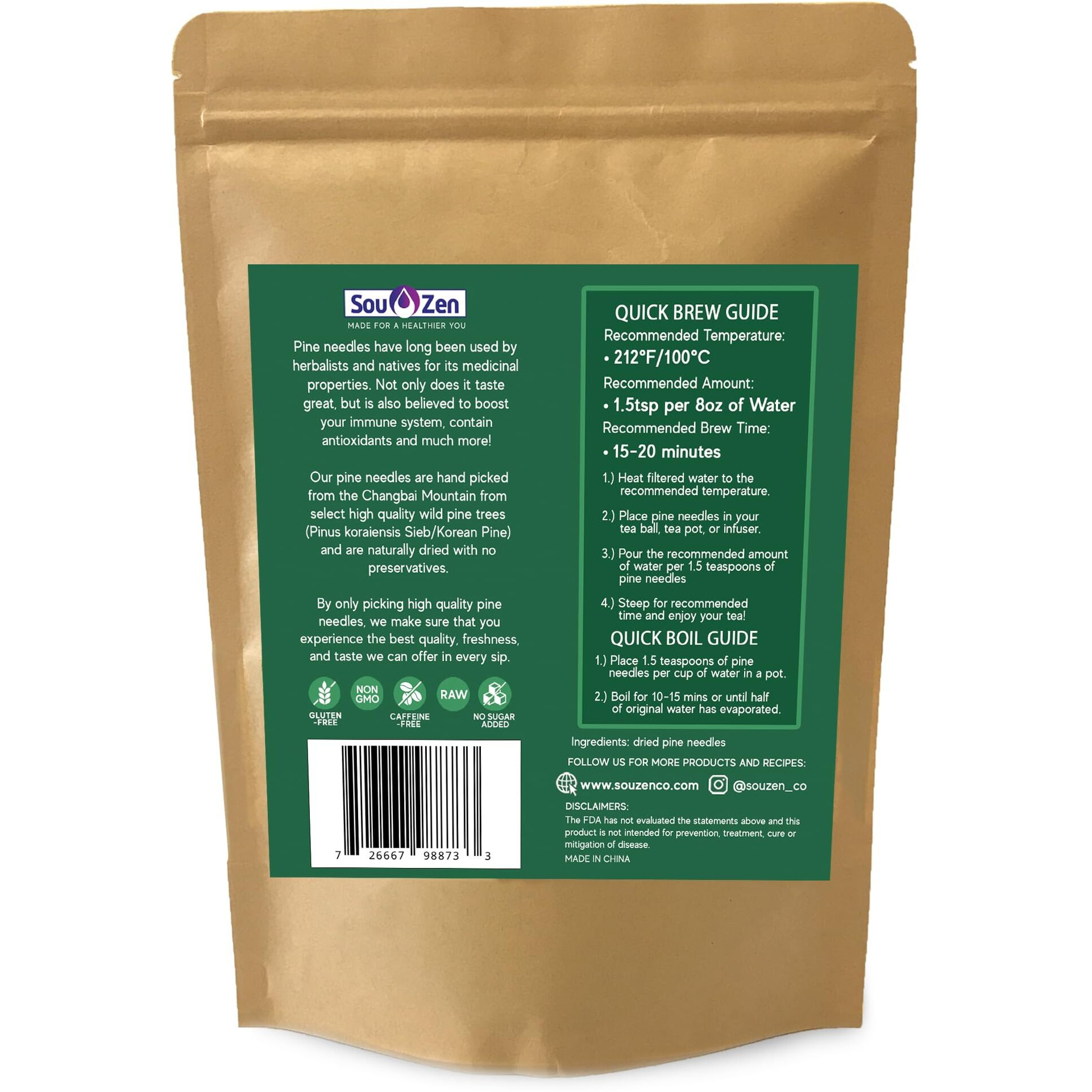 Sou Zen Pine Needle Tea Loose Leaf 4Oz (113G) | Premium Quality Wild Pine Tea Leaves | Raw, Non-Gmo And Caffeine-Free | Herbal Tea With No Preservatives | Chinese Medicinal Herb From Korean Pine