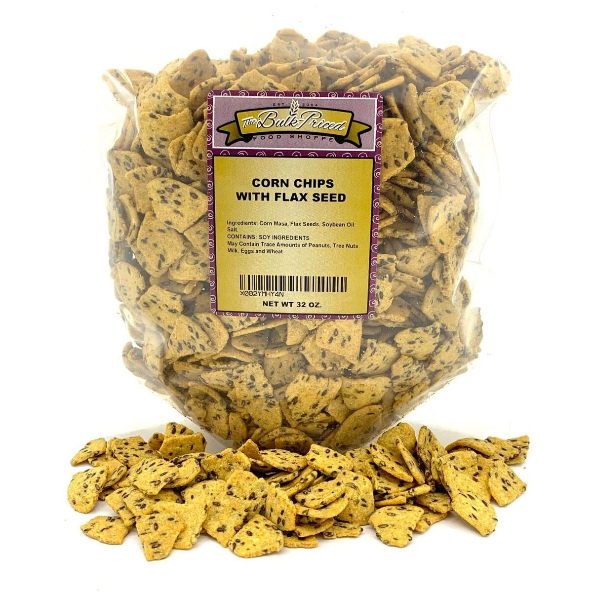 Corn Chips With Flax Seed, Healthy Snacks, Bulk Size (2 Lb. Resealable Zip Lock Stand Up Bag)