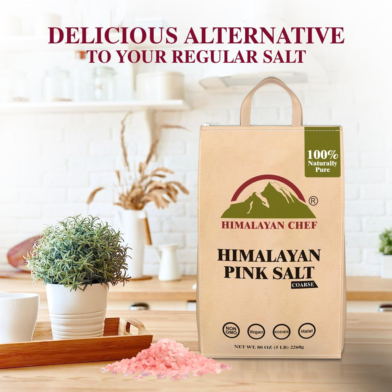 Himalayan Chef Himalayan Pink Salt - 5 Lbs Coarse Grain Bulk Bag - 100% Natural And Pure Gourmet Crystals, Contains 84 Minerals, Table Salt, Kosher And Vegan | For Grinders & Salt Mills