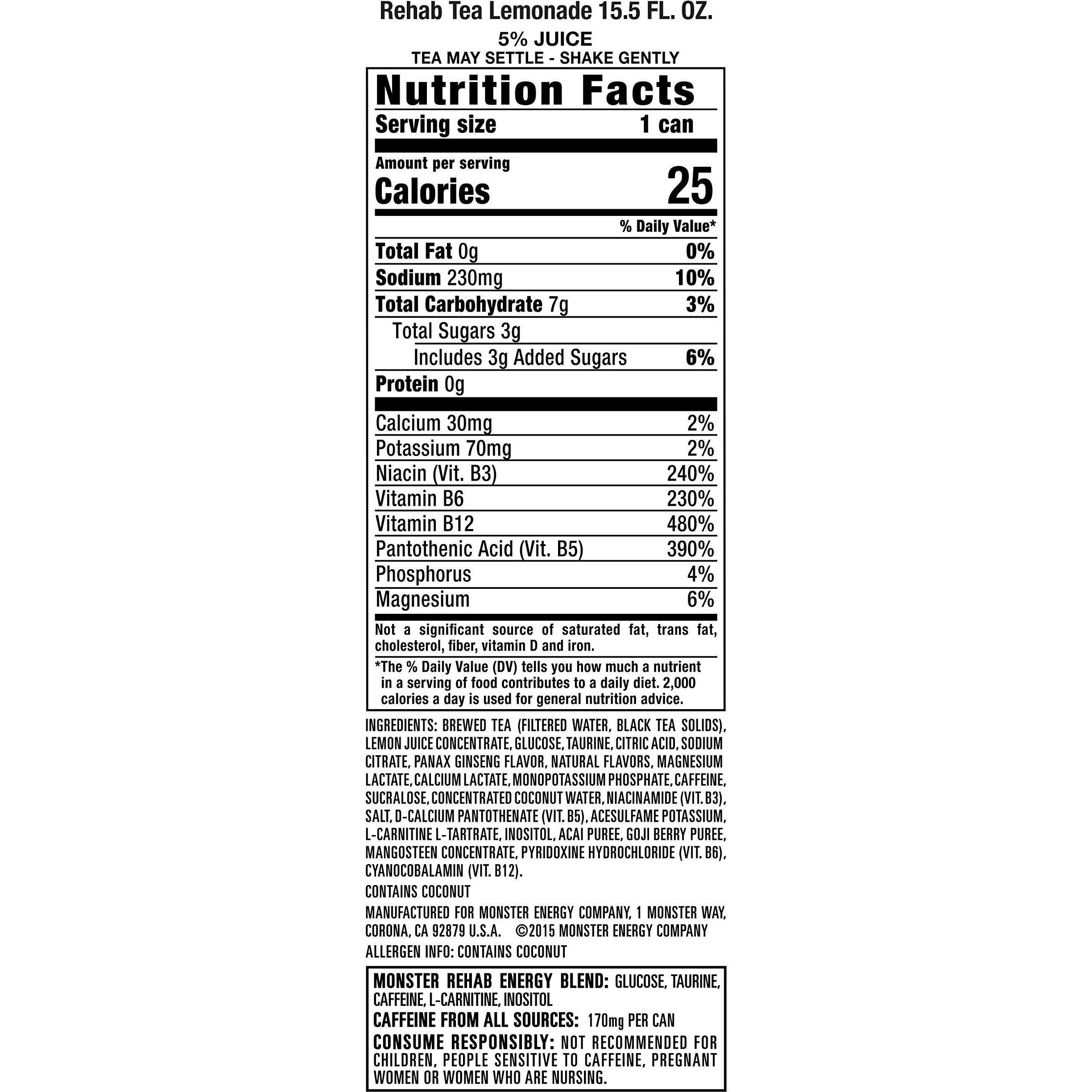 Monster Energy Rehab Tea + Lemonade + Energy, Energy Iced Tea, Energy Drink 15.5 Ounce (Pack Of 15)