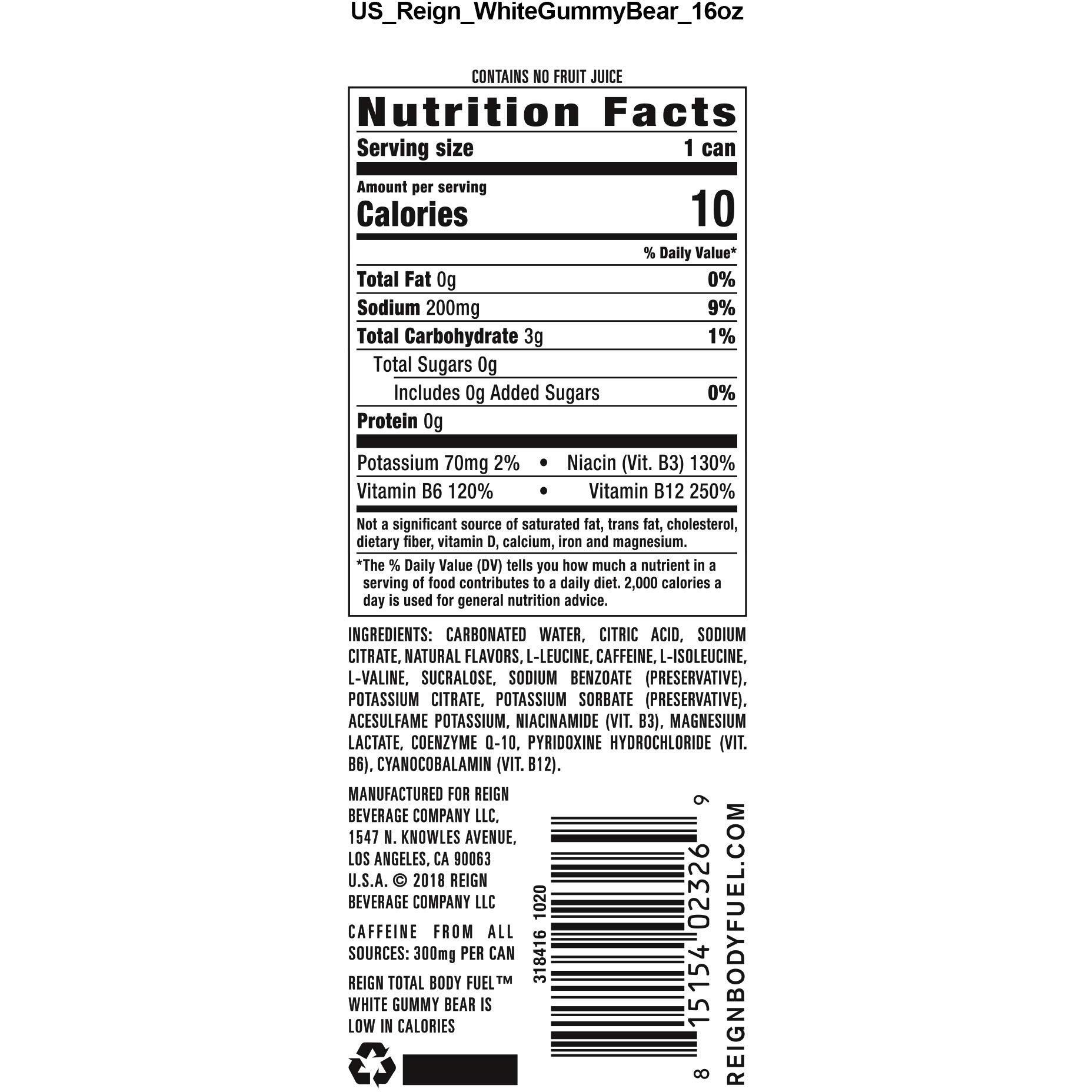 Reign Total Body Fuel, White Gummy Bear, Fitness & Performance Drink, 16 Fl Oz (Pack Of 12)