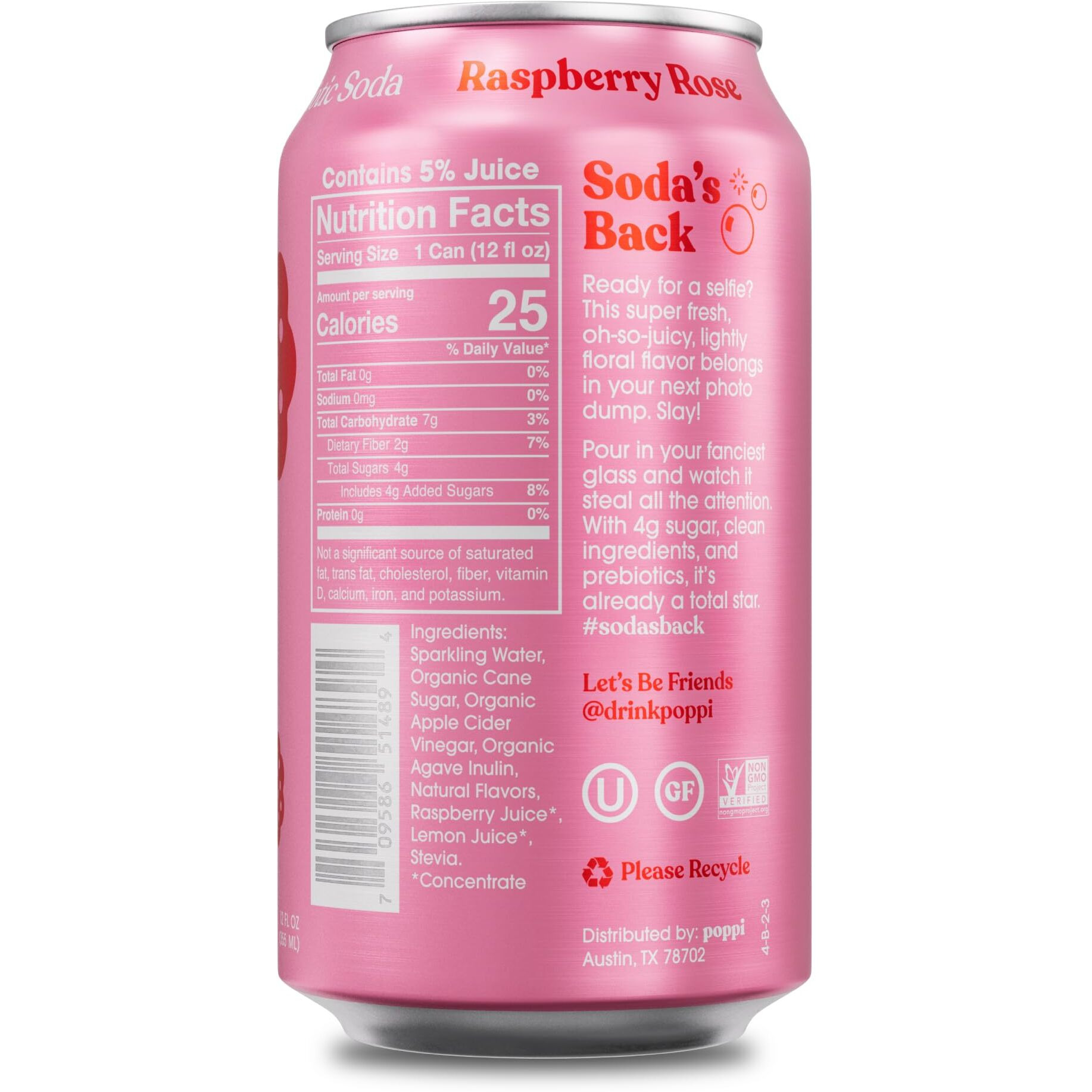 Poppi Sparkling Prebiotic Soda, Beverages W/Apple Cider Vinegar, Seltzer Water & Fruit Juice, Raspberry Rose, 12Oz (12 Pack) (Packaging May Vary)