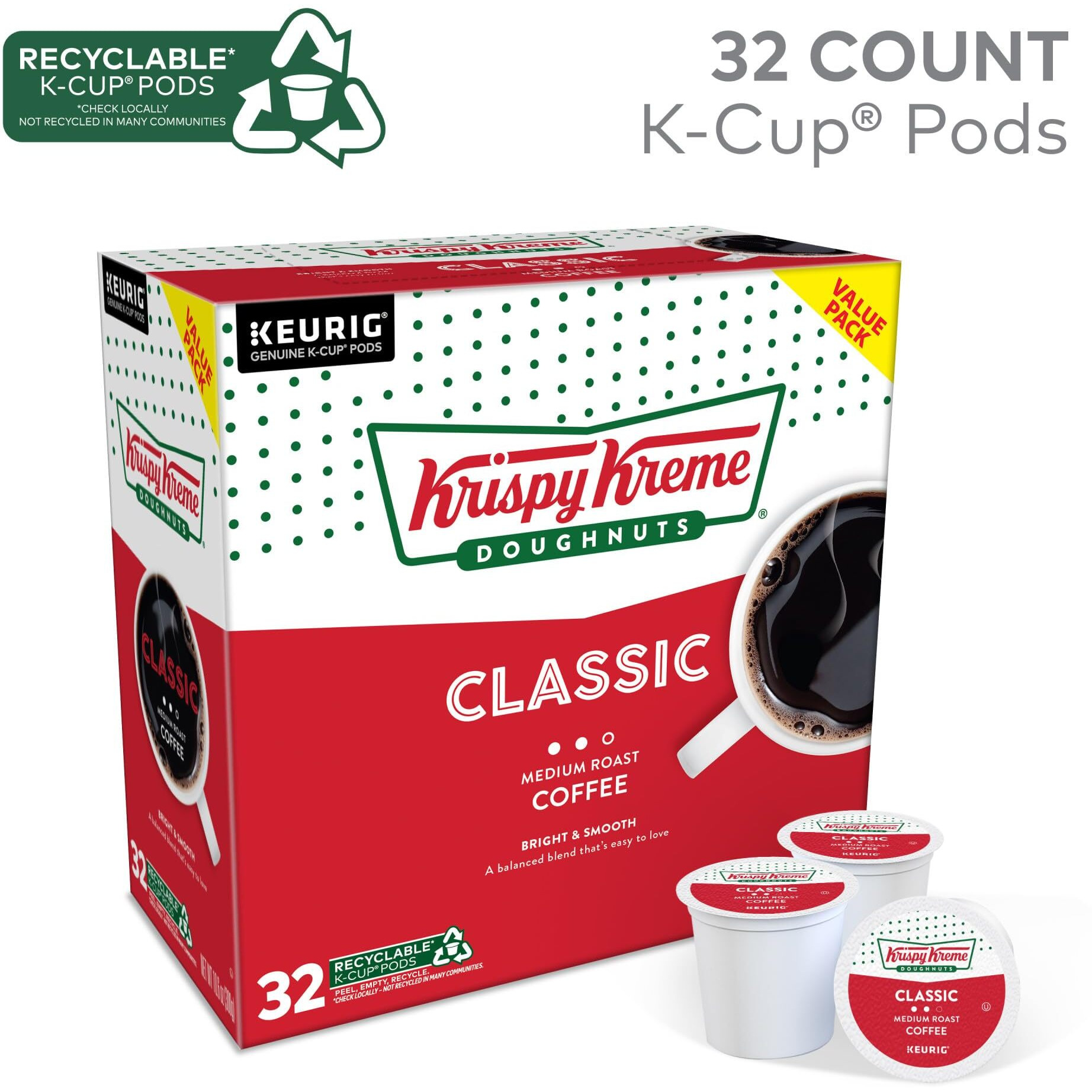 Krispy Kreme Classic, Single-Serve Keurig K-Cup Pods, Medium Roast Coffee Pods, 32 Count
