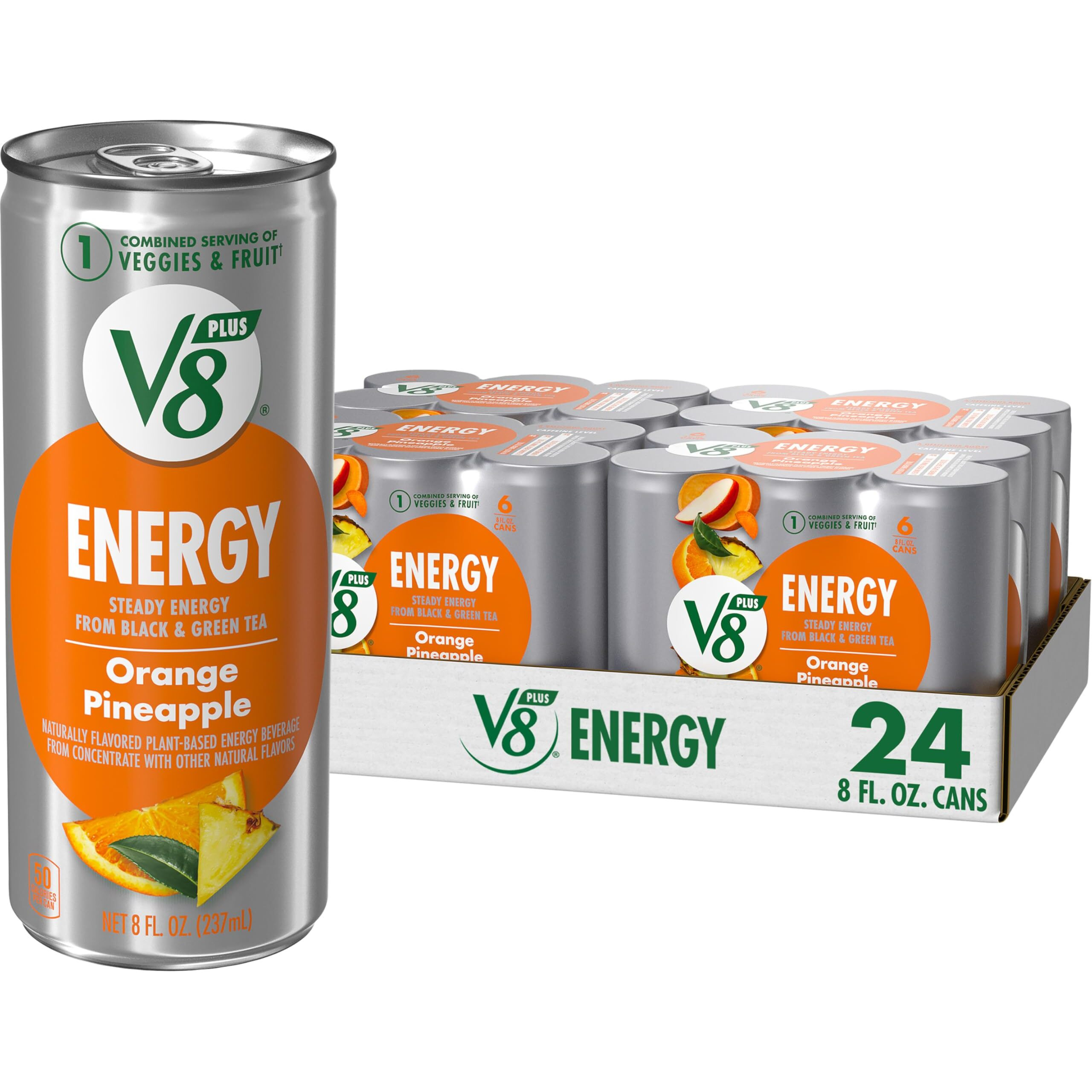 V8 +Energy Orange Pineapple Juice Energy Drink, 8 Fl Oz Can (24 Pack)