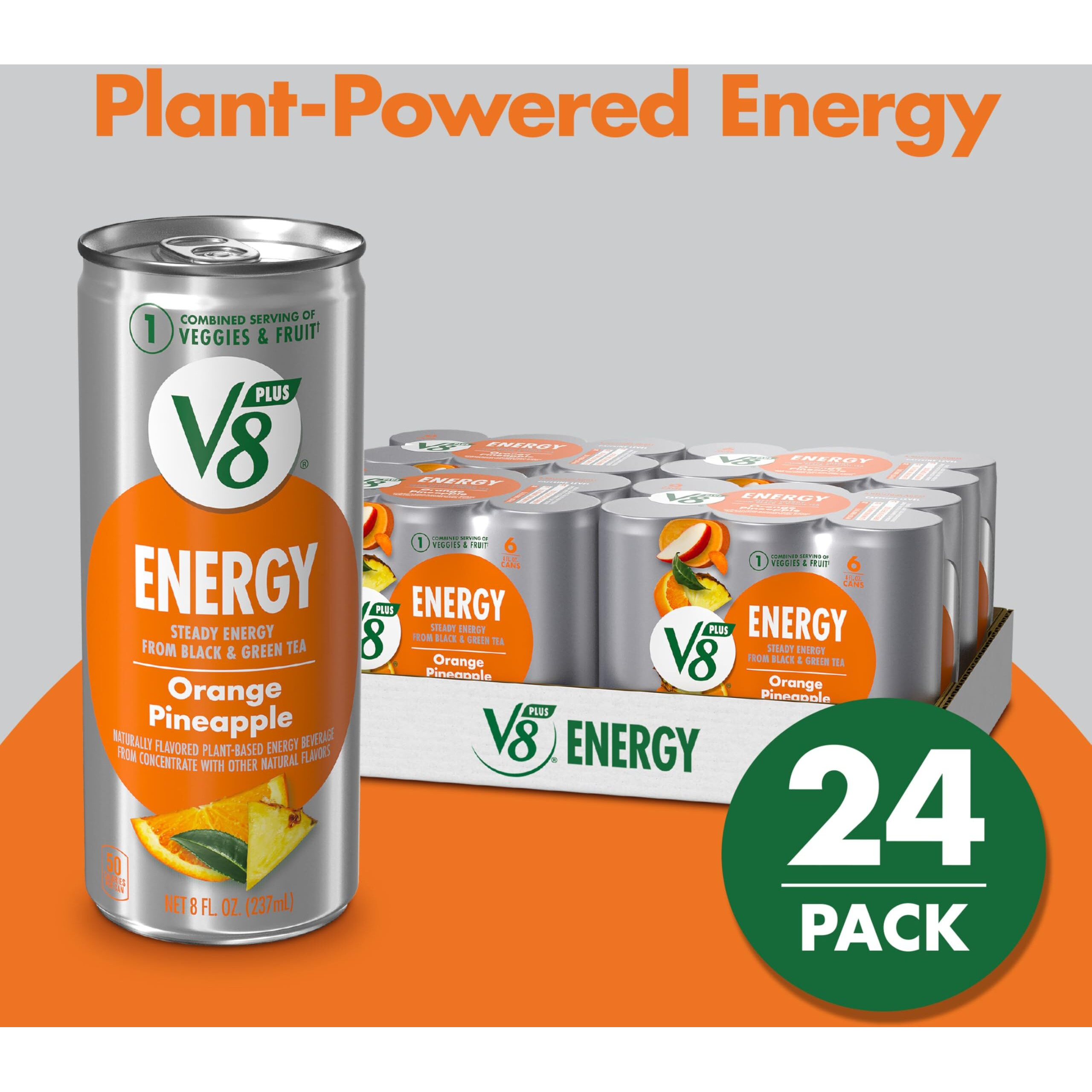 V8 +Energy Orange Pineapple Juice Energy Drink, 8 Fl Oz Can (24 Pack)
