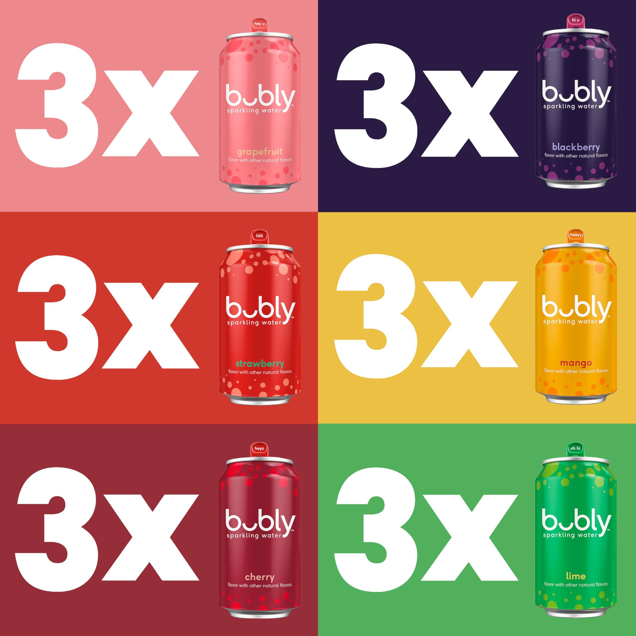 Bubly Sparkling Water, 6 Flavor Variety Pack (Blackberry, Lime, Cherry, Grapefruit, Strawberry, Mango), Zero Sugar & Zero Calories, Seltzer Water, 12 Fl Oz Cans (Pack Of 18)