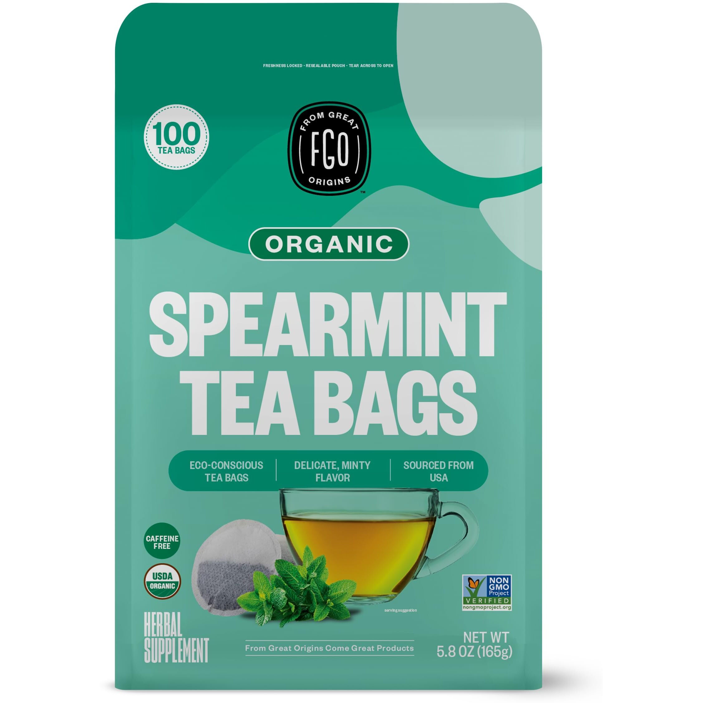 Fgo Organic Spearmint Leaf Tea, Eco-Conscious Tea Bags, 100 Count, Packaging May Vary (Pack Of 1)