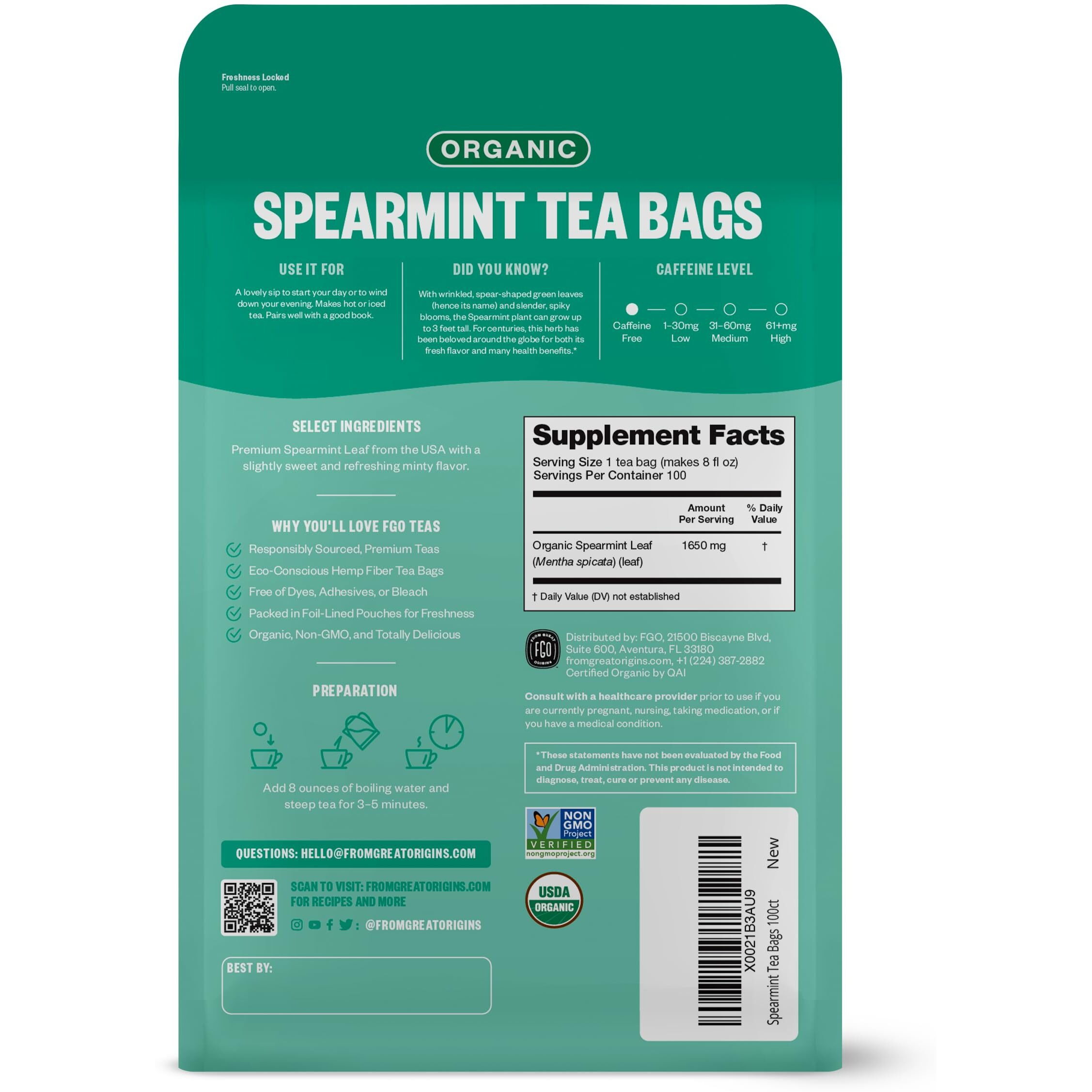 Fgo Organic Spearmint Leaf Tea, Eco-Conscious Tea Bags, 100 Count, Packaging May Vary (Pack Of 1)