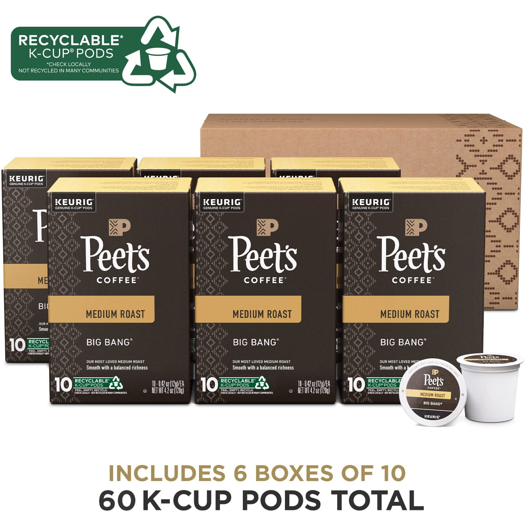 Peet's Coffee, Medium Roast K-Cup Pods For Keurig Brewers - Big Bang 60 Count (6 Boxes Of 10 K-Cup Pods)