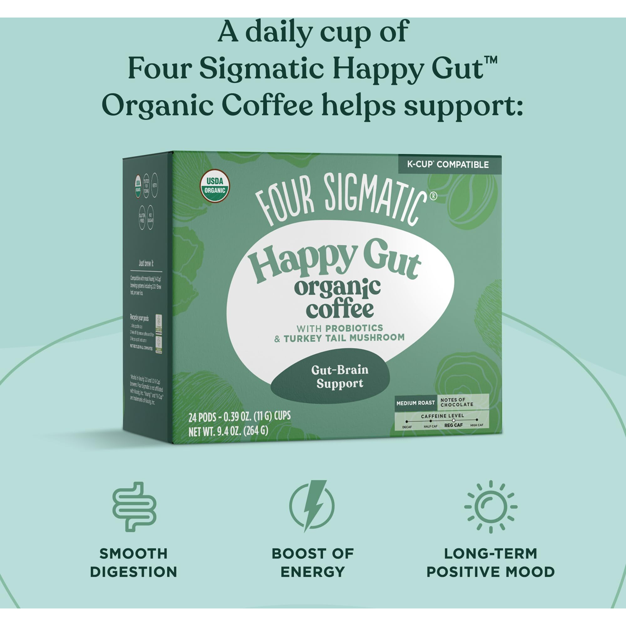 Four Sigmatic Happy Gut Organic Coffee Pods | Medium Roast Probiotic K Cups With Chaga And Turkey Tail | Immune Boosting, Probiotic Mushroom Coffee K Cups For Gut Health And Immune Support | 24 Count