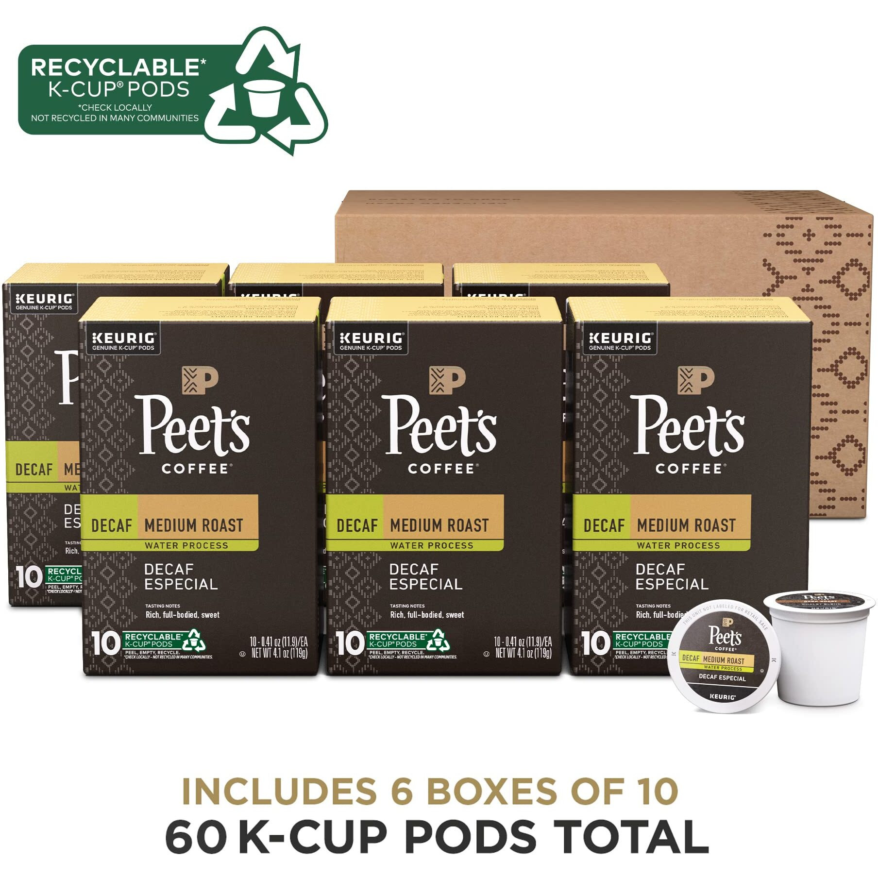 Peet's Coffee, Medium Roast Decaffeinated Coffee K-Cup Pods For Keurig Brewers - Decaf Especial 60 Count (6 Boxes Of 10 K-Cup Pods)