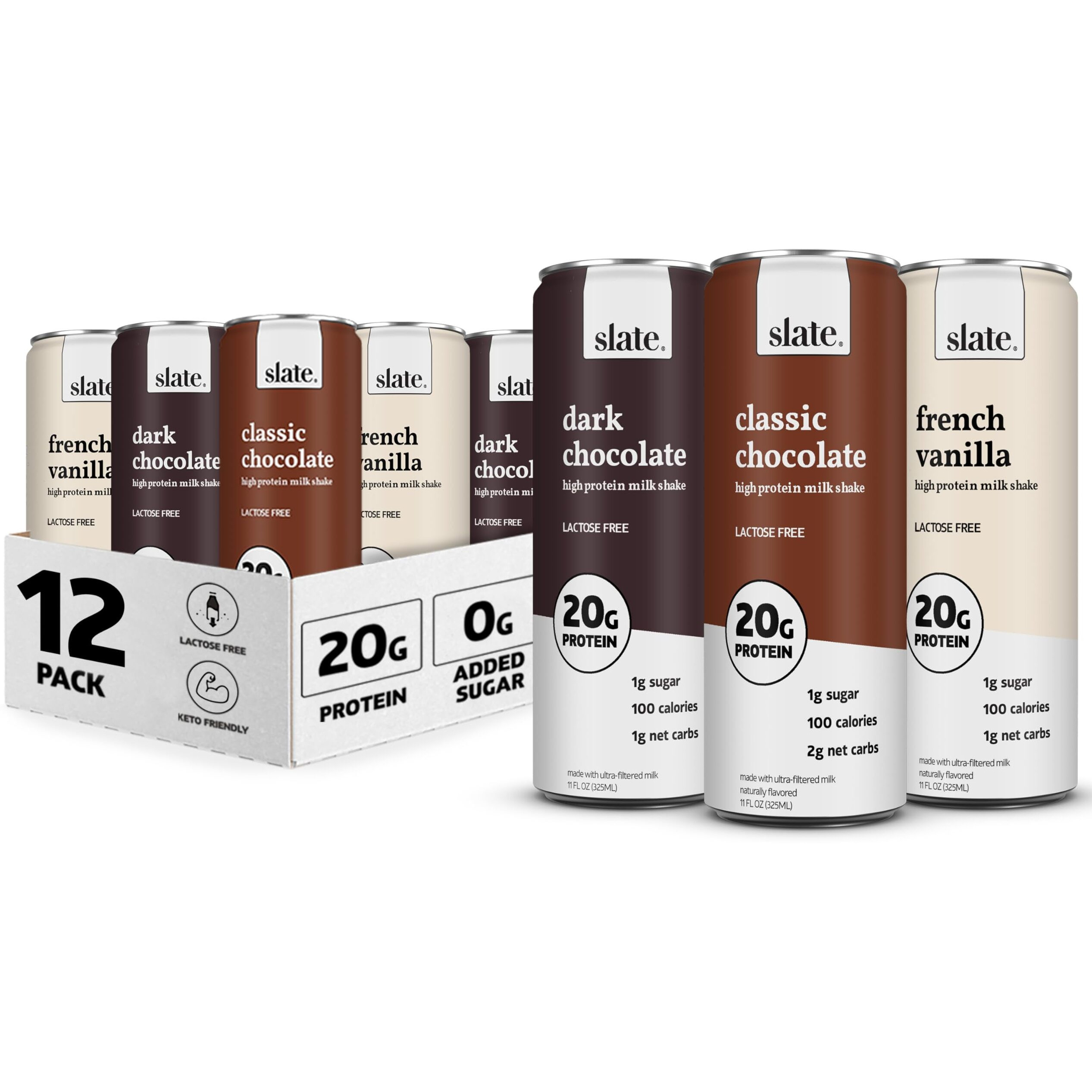 Slate Milk - High Protein Milk Shake - Core Variety Pack - Classic Chocolate, Dark Chocolate, French Vanilla - Lactose Free, 20G Protein, 1G Sugar, 100 Calories, 1-2G Net Carbs - 11 Fl Oz, 12 Cans