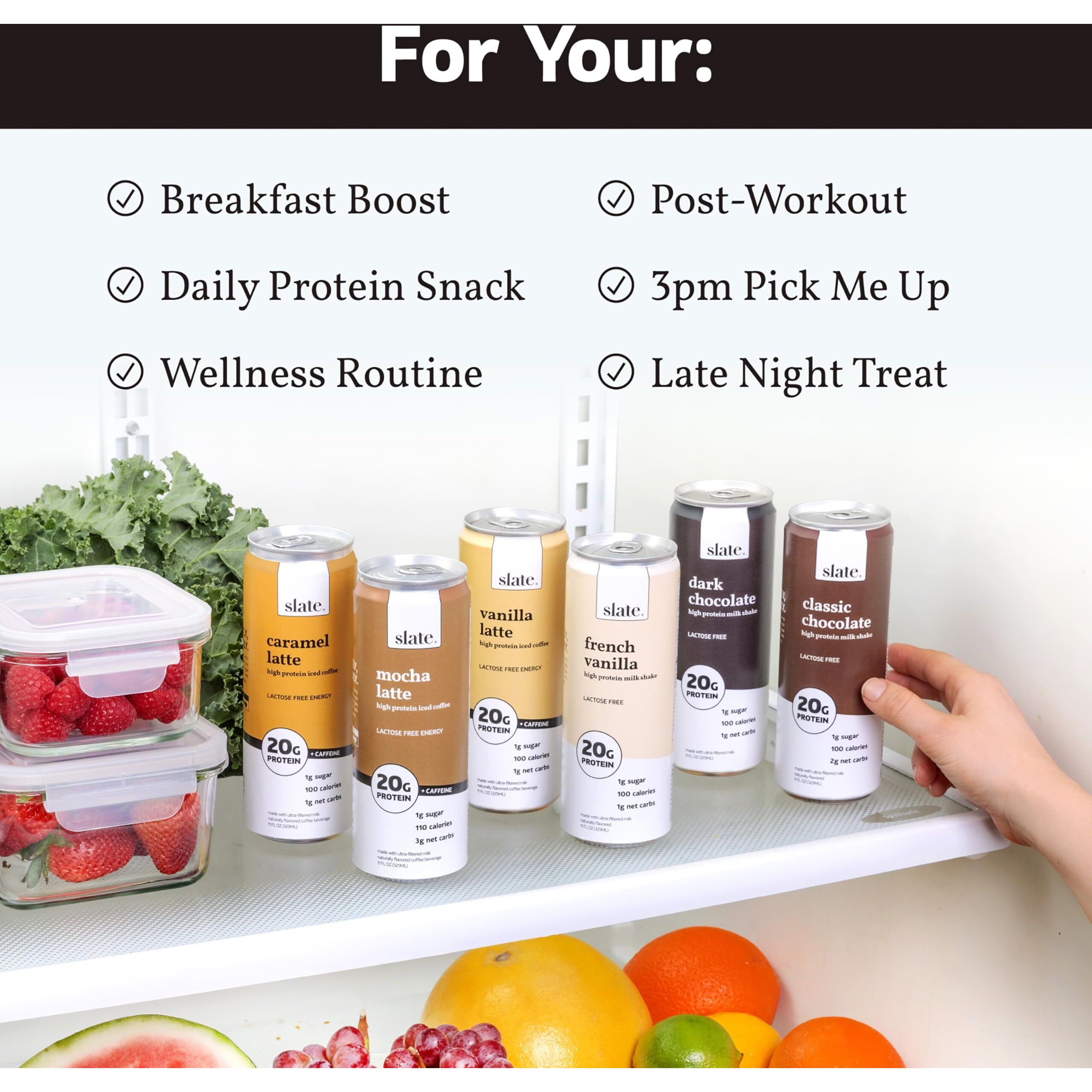 Slate Milk - High Protein Milk Shake - Core Variety Pack - Classic Chocolate, Dark Chocolate, French Vanilla - Lactose Free, 20G Protein, 1G Sugar, 100 Calories, 1-2G Net Carbs - 11 Fl Oz, 12 Cans