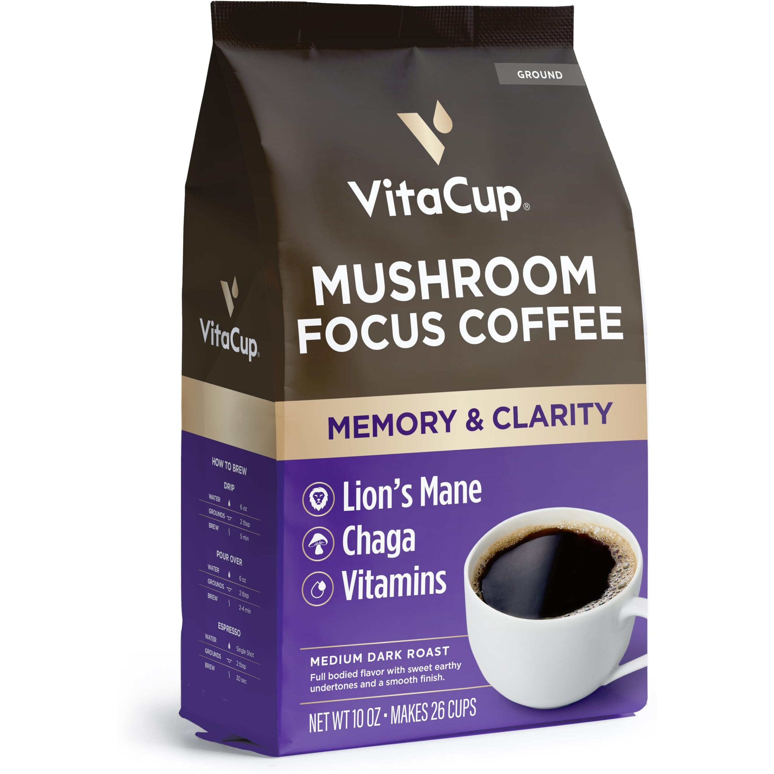 Vitacup Focus Mushroom Coffee Grounds, With Lions Mane, Chaga, B Vitamins, D3, Boost Focus, Immunity, Memory & Clarity, Medium Dark Roast, Bold & Smooth 100% Arabica Specialty, 10 Oz