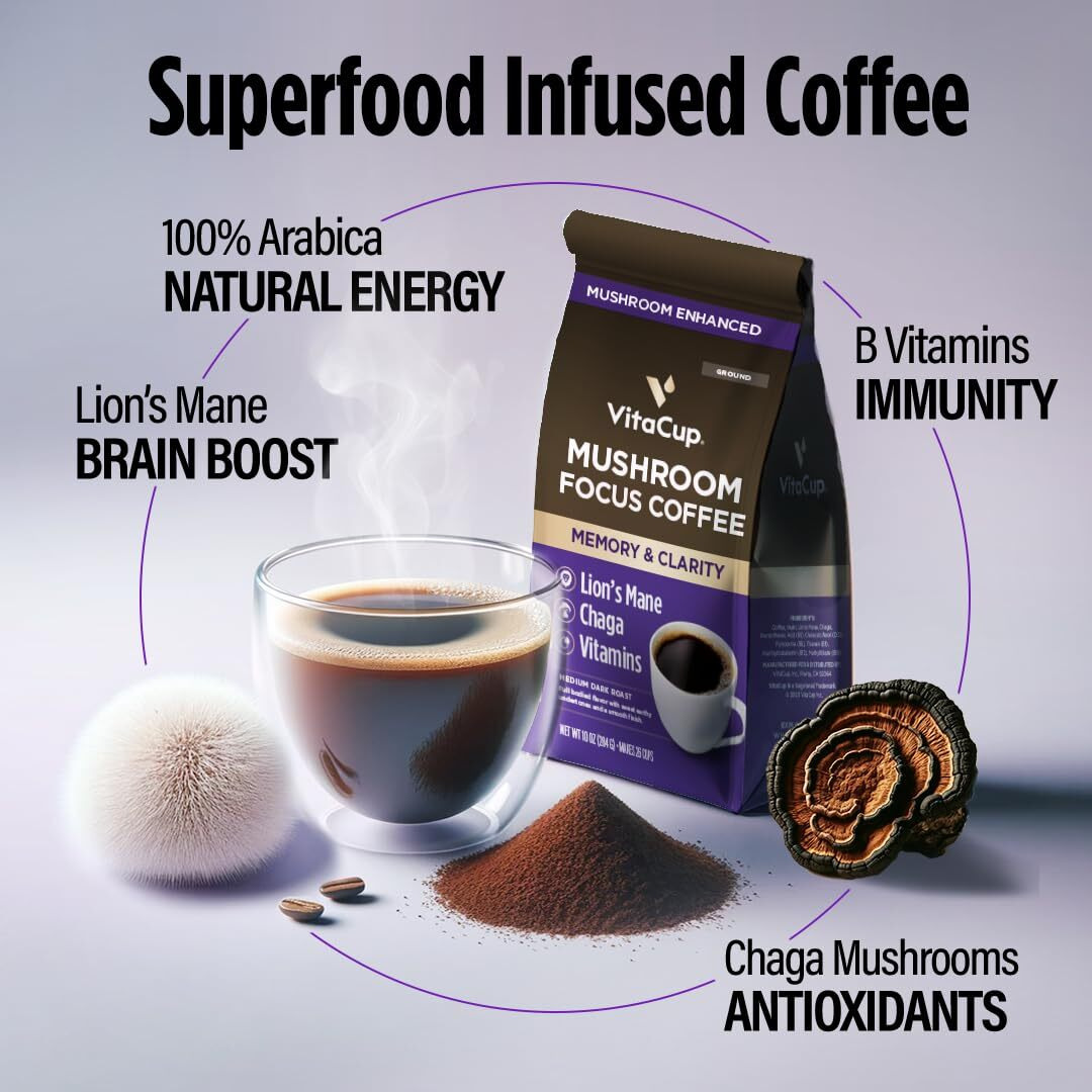 Vitacup Focus Mushroom Coffee Grounds, With Lions Mane, Chaga, B Vitamins, D3, Boost Focus, Immunity, Memory & Clarity, Medium Dark Roast, Bold & Smooth 100% Arabica Specialty, 10 Oz